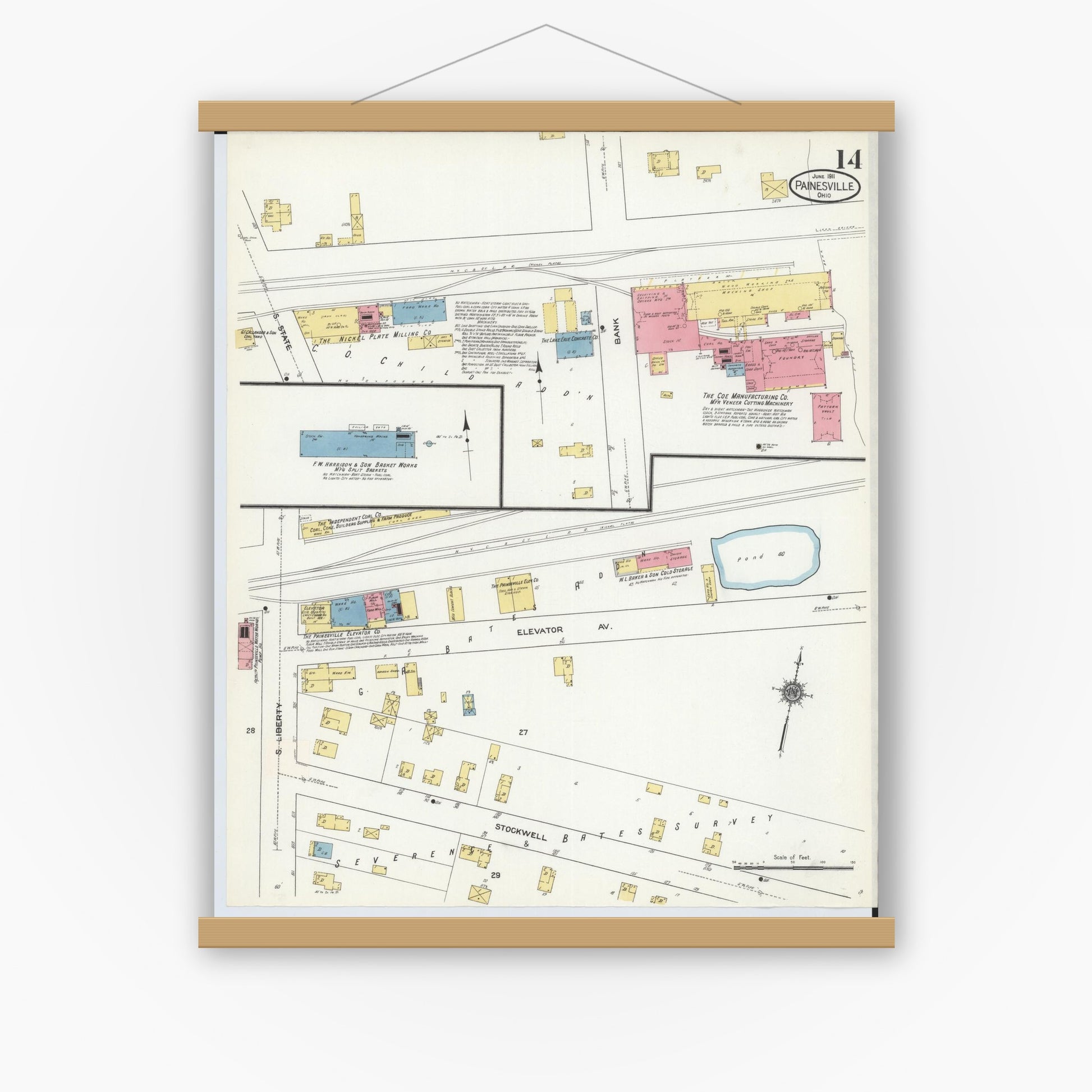 Old map wall art mockup — magnetic wood frame on white wall — Sanborn Fire Insurance Map from Painesville, Lake County, Ohio (1911), Sheet #0014