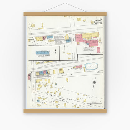 Old map wall art mockup — magnetic wood frame on white wall — Sanborn Fire Insurance Map from Painesville, Lake County, Ohio (1911), Sheet #0014