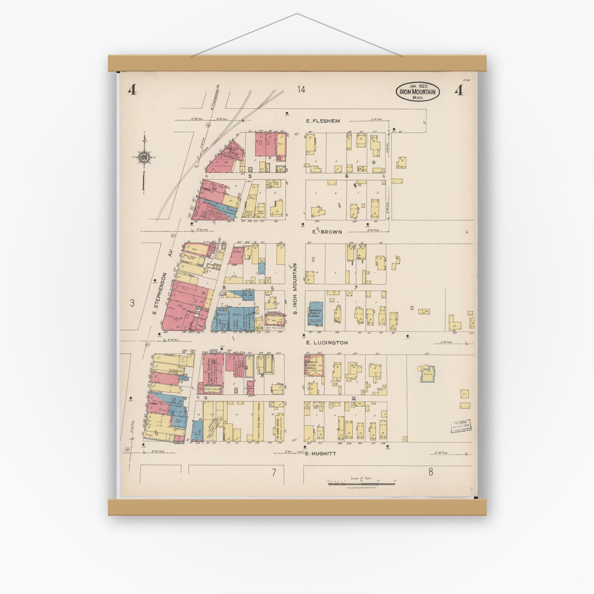 Old map wall art mockup — magnetic wood frame on white wall — Sanborn Fire Insurance Map from Iron Mountain, Dickinson County, Michigan (1923), Sheet #0004
