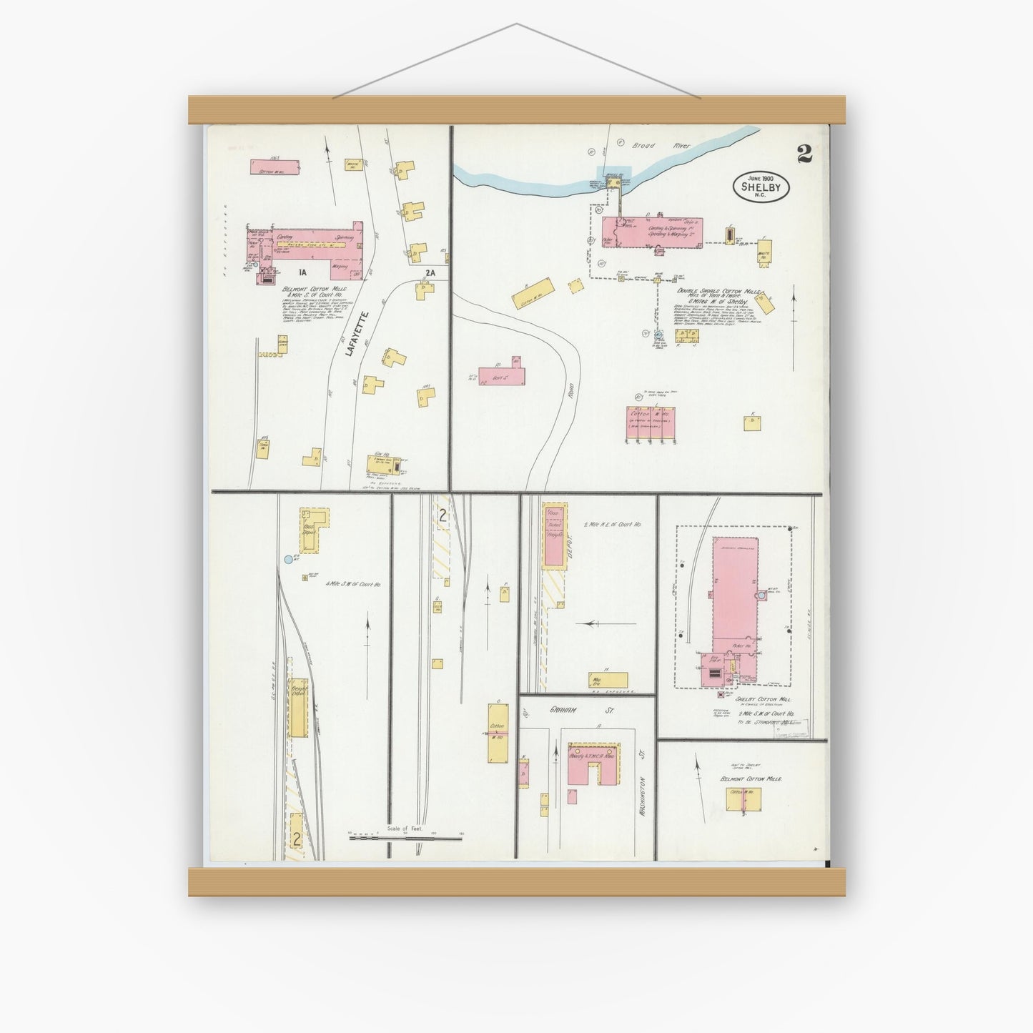 Old map wall art mockup — magnetic wood frame on white wall — Sanborn Fire Insurance Map from Shelby, Cleveland County, North Carolina (1900), Sheet #0002
