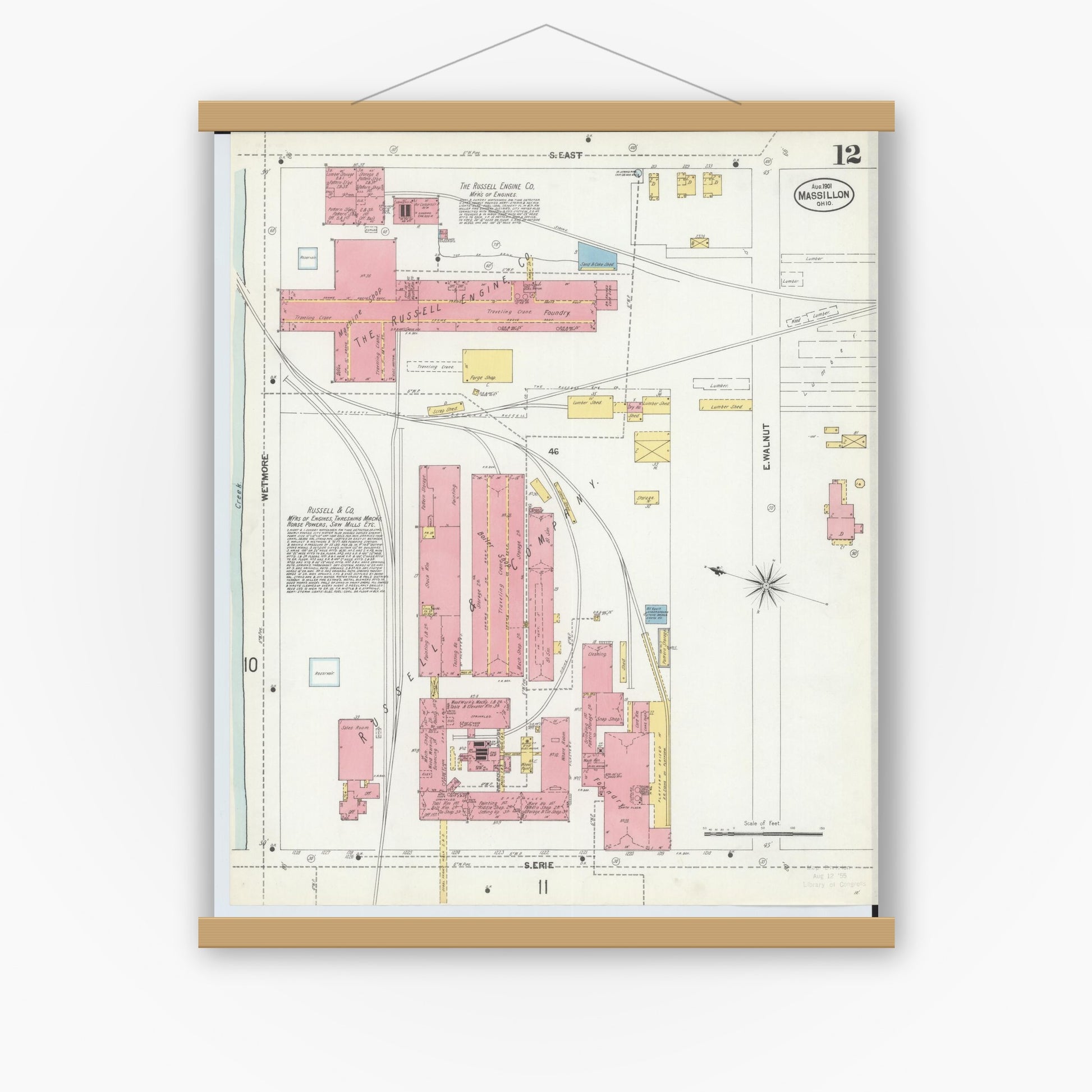 Old map wall art mockup — magnetic wood frame on white wall — Sanborn Fire Insurance Map from Massillon, Stark County, Ohio (1901), Sheet #0012