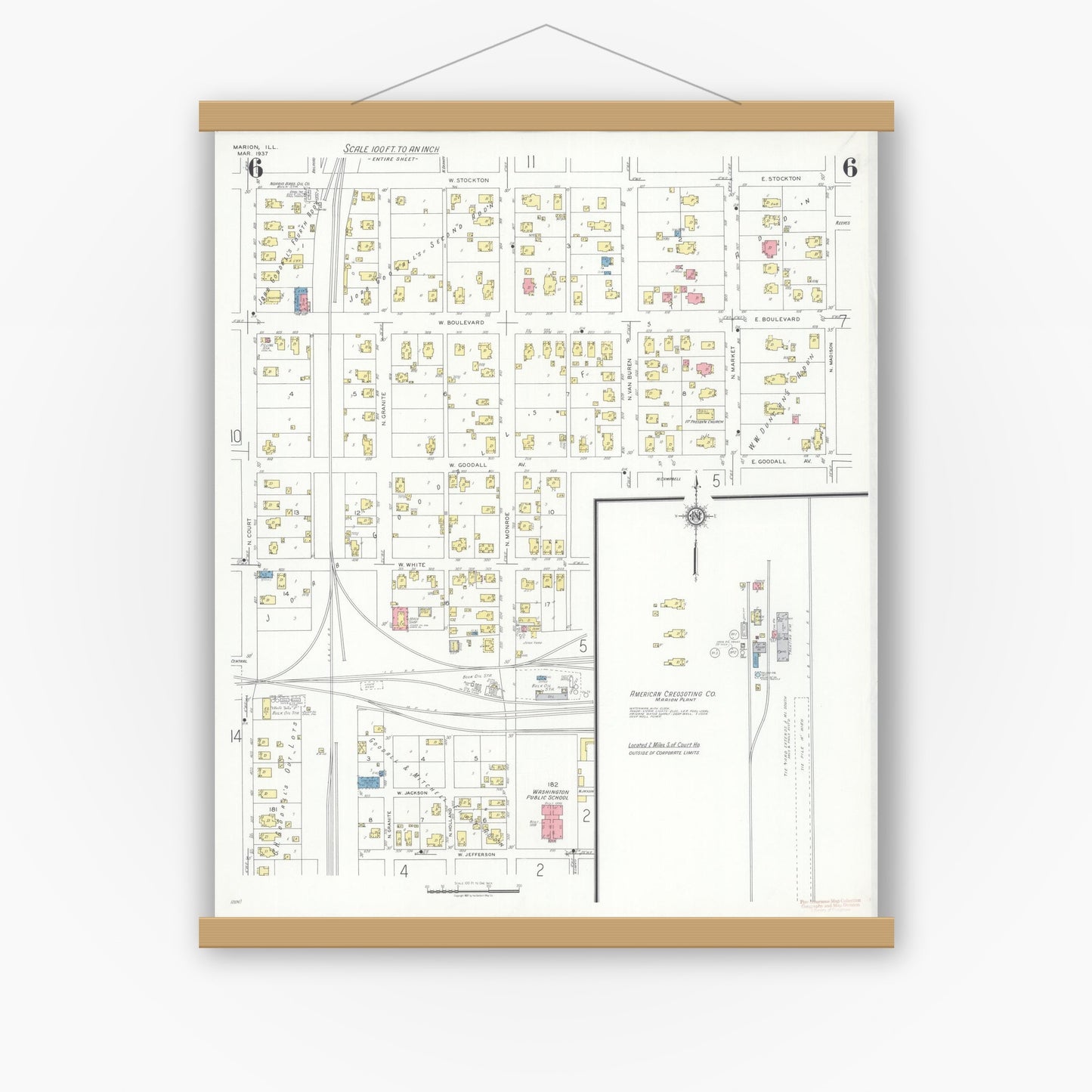 Old map wall art mockup — magnetic wood frame on white wall — Sanborn Fire Insurance Map from Marion, Williamson County, Illinois (1937), Sheet #0006