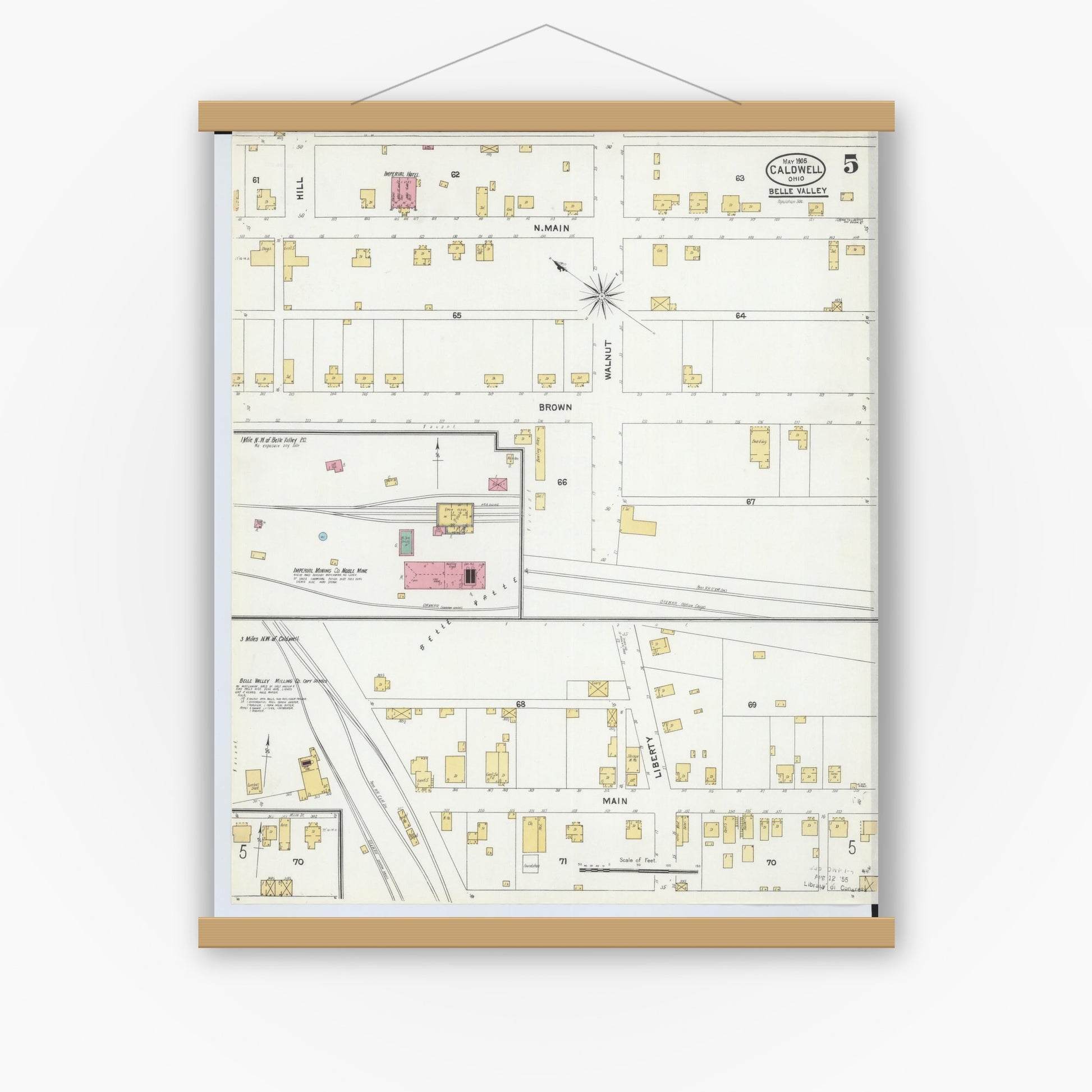 Old map wall art mockup — magnetic wood frame on white wall — Sanborn Fire Insurance Map from Caldwell, Noble County, Ohio (1905), Sheet #0005