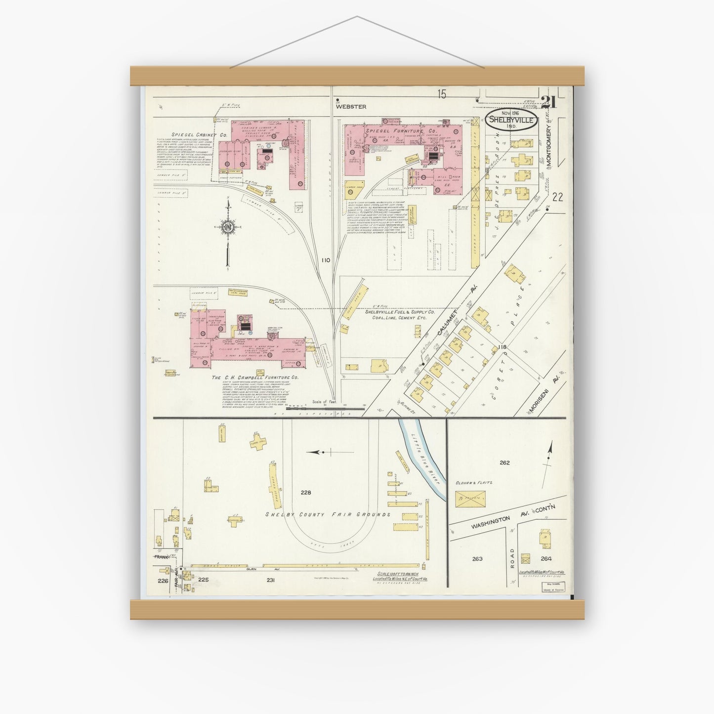 Old map wall art mockup — magnetic wood frame on white wall — Sanborn Fire Insurance Map from Shelbyville, Shelby County, Indiana (1916), Sheet #0021