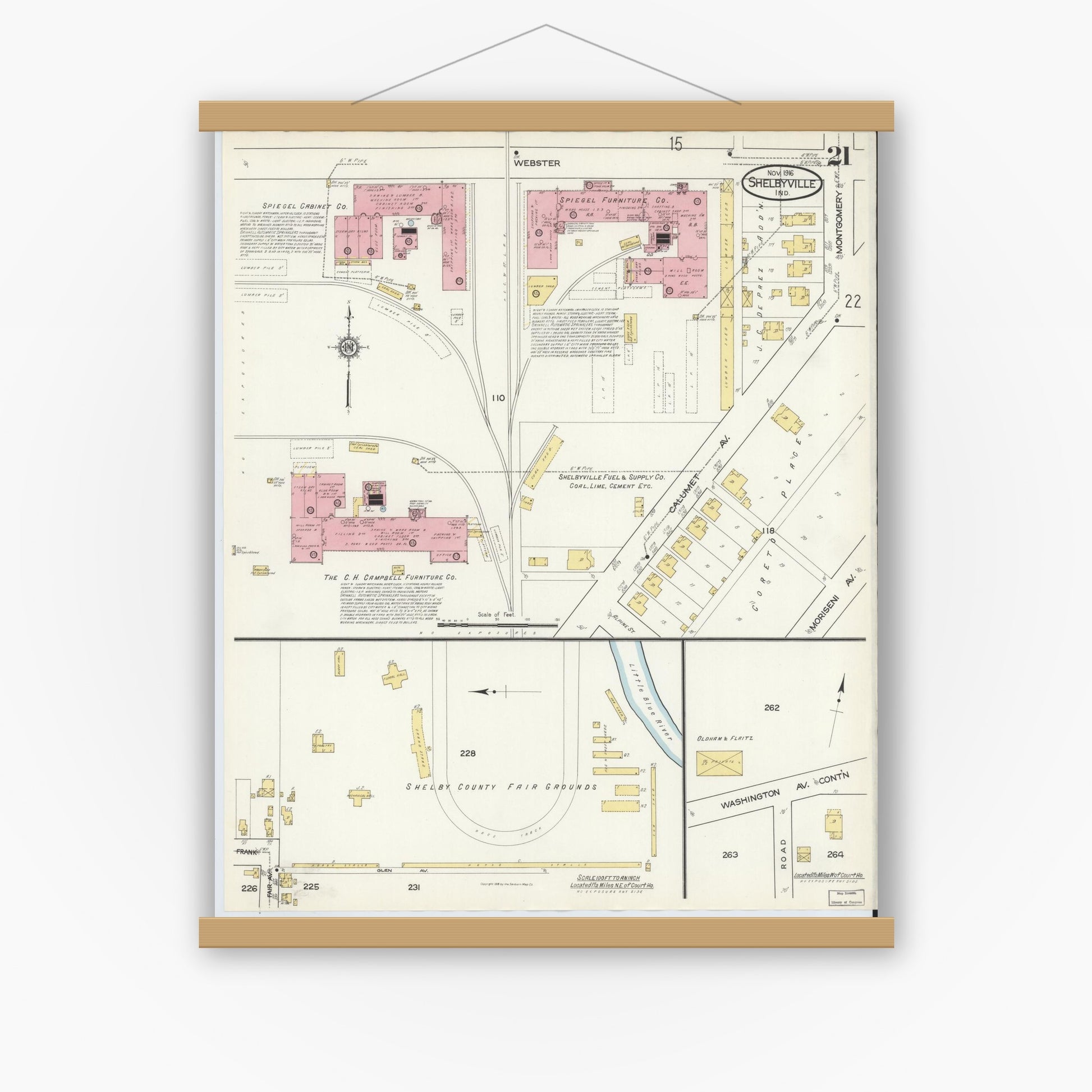 Old map wall art mockup — magnetic wood frame on white wall — Sanborn Fire Insurance Map from Shelbyville, Shelby County, Indiana (1916), Sheet #0021