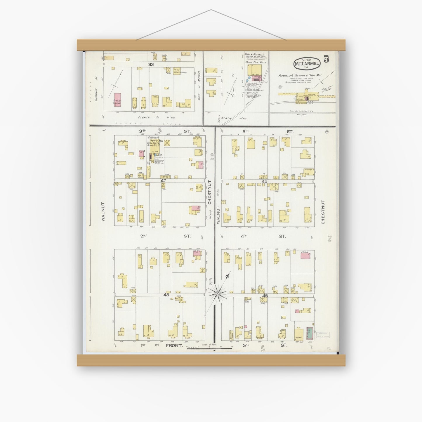 Old map wall art mockup — magnetic wood frame on white wall — Sanborn Fire Insurance Map from Mount Carmel, Wabash County, Illinois (1892), Sheet #0005