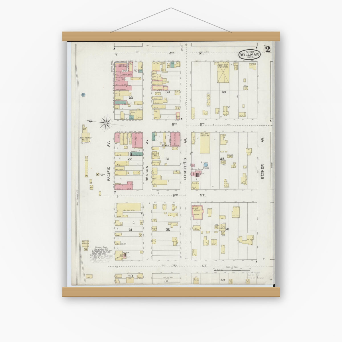 Old map wall art mockup — magnetic wood frame on white wall — Sanborn Fire Insurance Map from Willmar, Kandiyohi County, Minnesota (1893), Sheet #0002