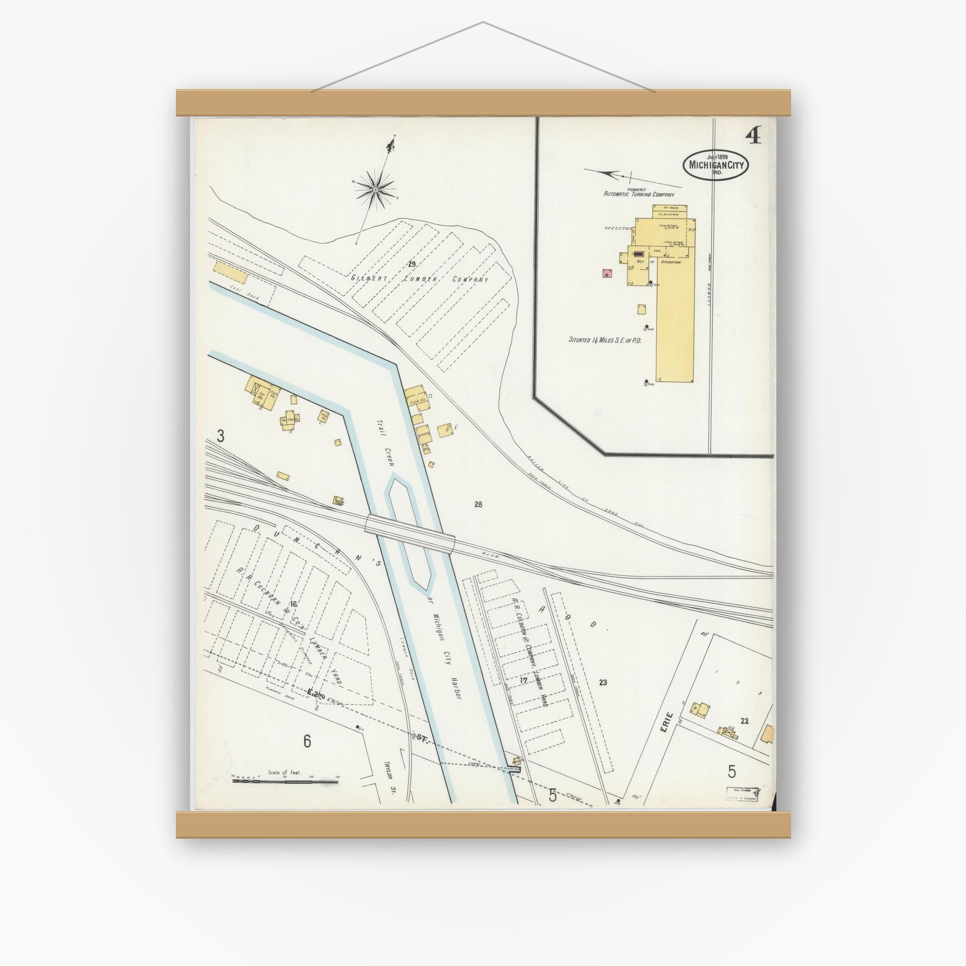 Old map wall art mockup — magnetic wood frame on white wall — Sanborn Fire Insurance Map from Michigan City, La Porte County, Indiana (1899), Sheet #0004