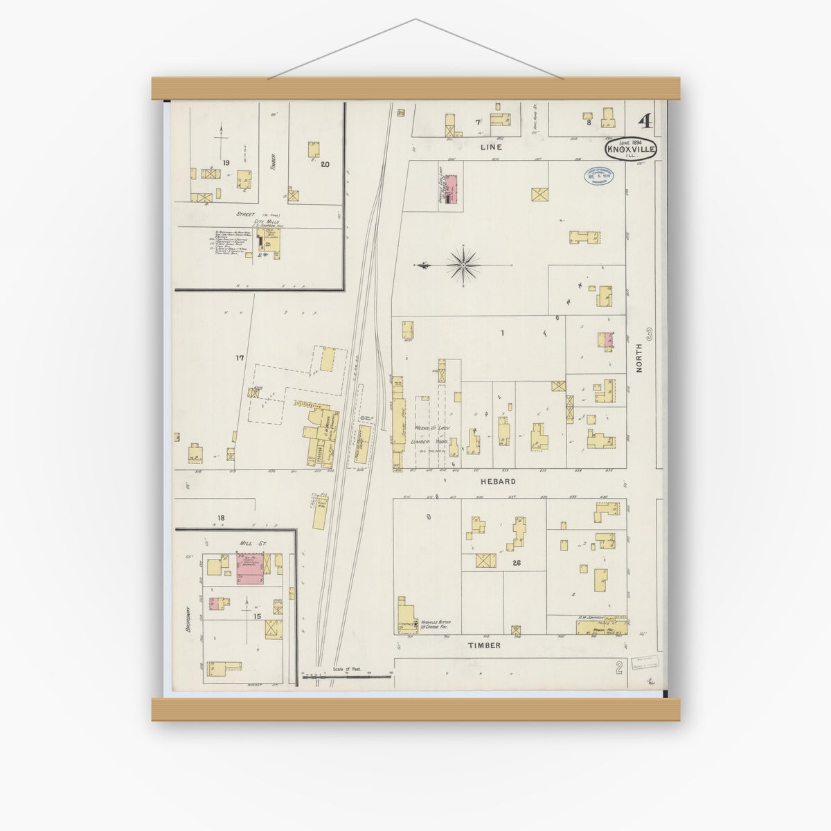 Old map wall art mockup — magnetic wood frame on white wall — Sanborn Fire Insurance Map from Knoxville, Knox County, Illinois (1894), Sheet #0004