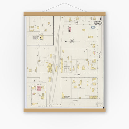 Old map wall art mockup — magnetic wood frame on white wall — Sanborn Fire Insurance Map from Knoxville, Knox County, Illinois (1894), Sheet #0004