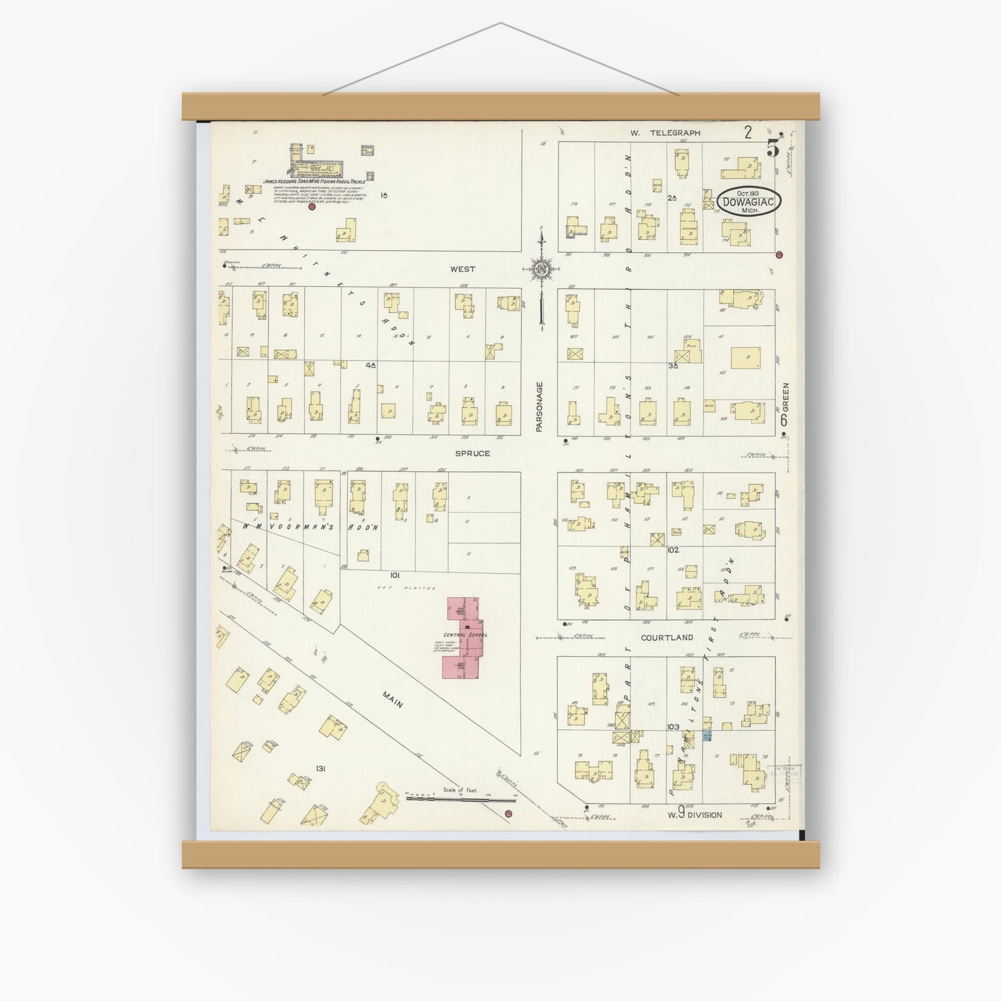 Old map wall art mockup — magnetic wood frame on white wall — Sanborn Fire Insurance Map from Dowagiac, Cass County, Michigan (1913), Sheet #0005