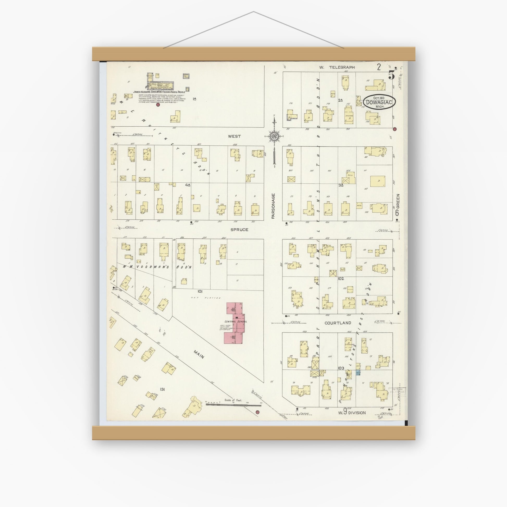 Old map wall art mockup — magnetic wood frame on white wall — Sanborn Fire Insurance Map from Dowagiac, Cass County, Michigan (1913), Sheet #0005