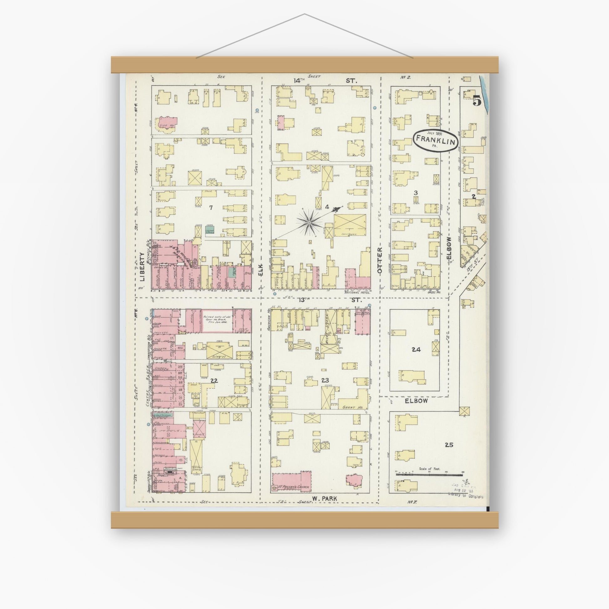 Old map wall art mockup — magnetic wood frame on white wall — Sanborn Fire Insurance Map from Franklin, Venango County, Pennsylvania (1891), Sheet #0005