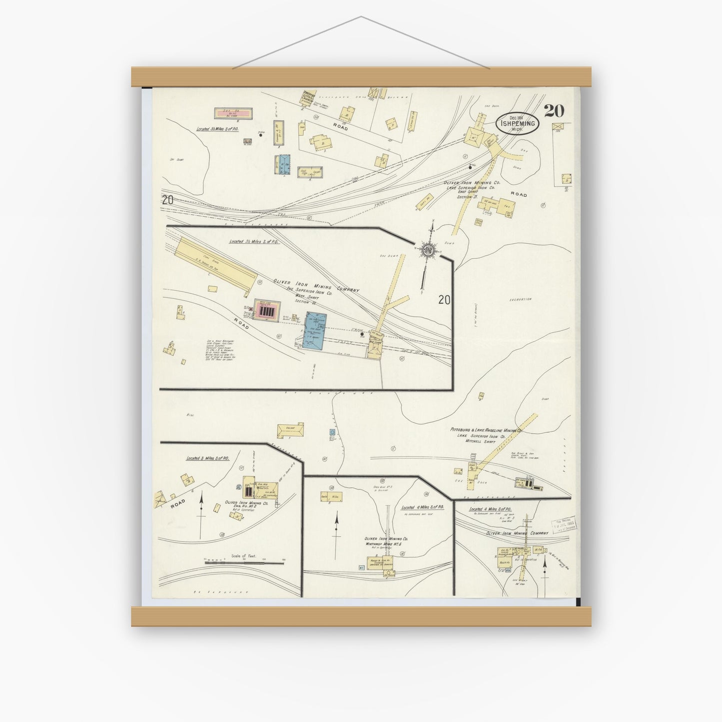 Old map wall art mockup — magnetic wood frame on white wall — Sanborn Fire Insurance Map from Ishpeming, Marquette County, Michigan (1911), Sheet #0020