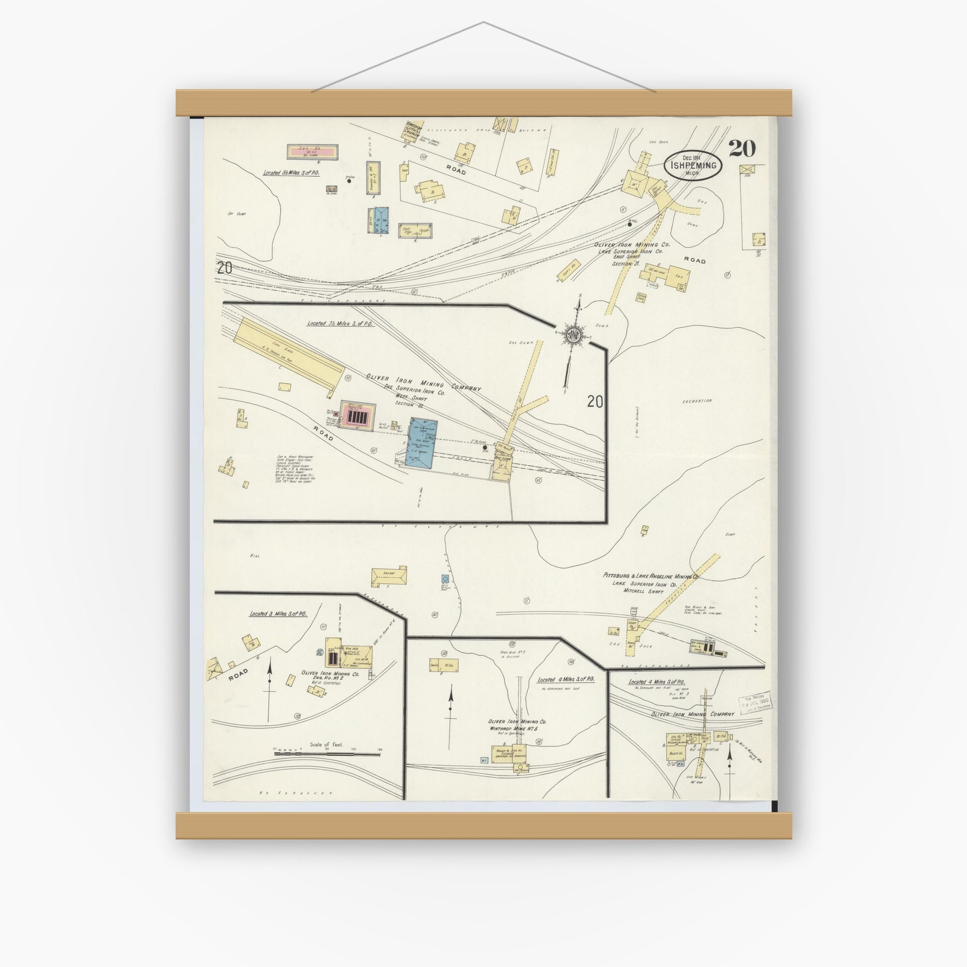 Old map wall art mockup — magnetic wood frame on white wall — Sanborn Fire Insurance Map from Ishpeming, Marquette County, Michigan (1911), Sheet #0020