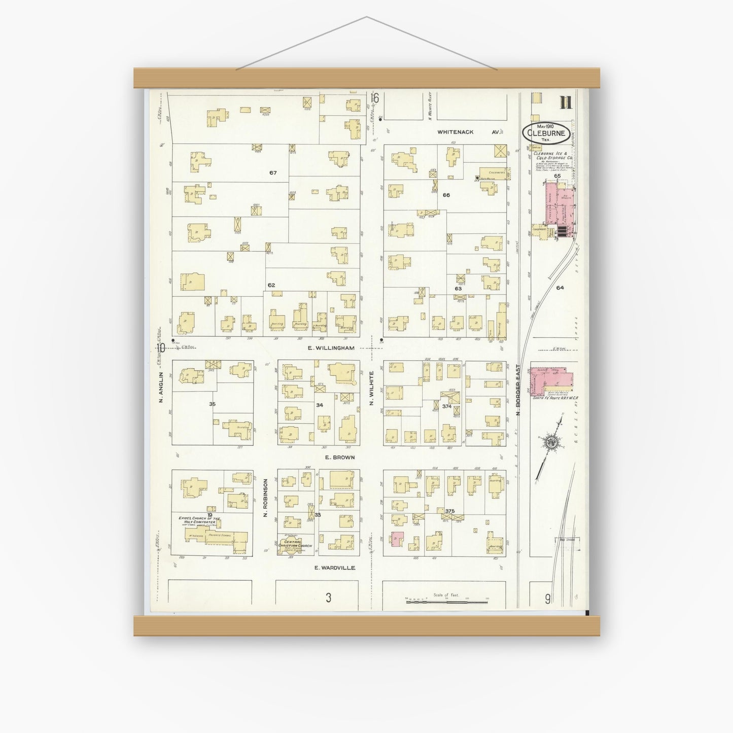 Old map wall art mockup — magnetic wood frame on white wall — Sanborn Fire Insurance Map from Cleburne, Johnson County, Texas (1910), Sheet #0011
