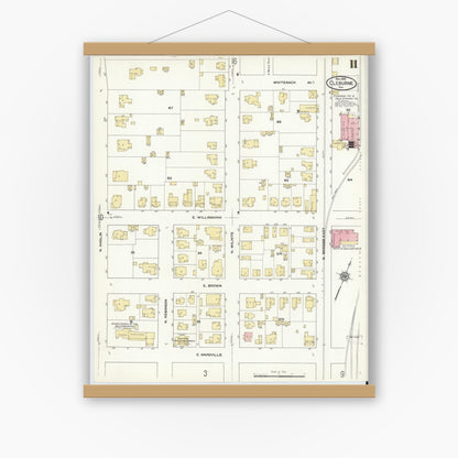 Old map wall art mockup — magnetic wood frame on white wall — Sanborn Fire Insurance Map from Cleburne, Johnson County, Texas (1910), Sheet #0011
