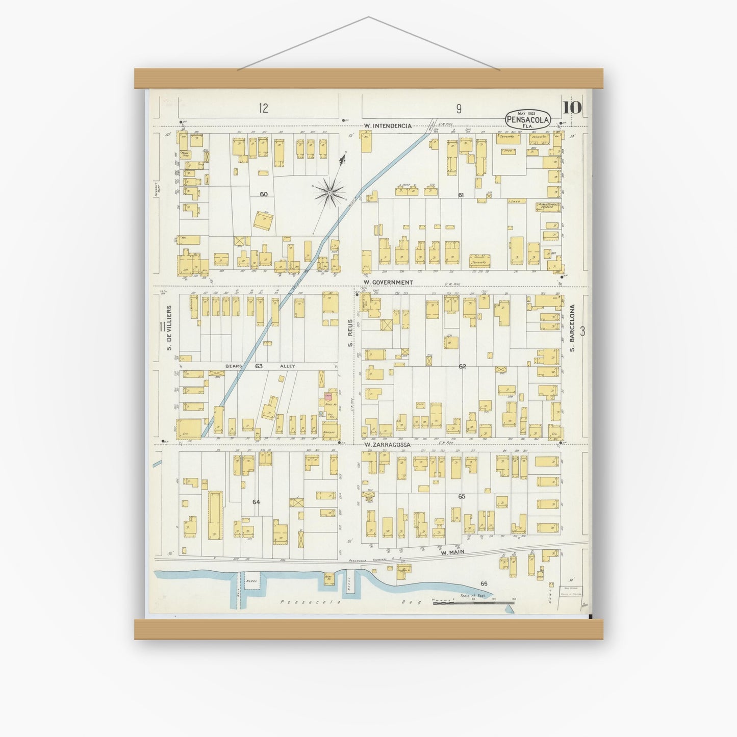 Old map wall art mockup — magnetic wood frame on white wall — Sanborn Fire Insurance Map from Pensacola, Escambia County, Florida (1903), Sheet #0010