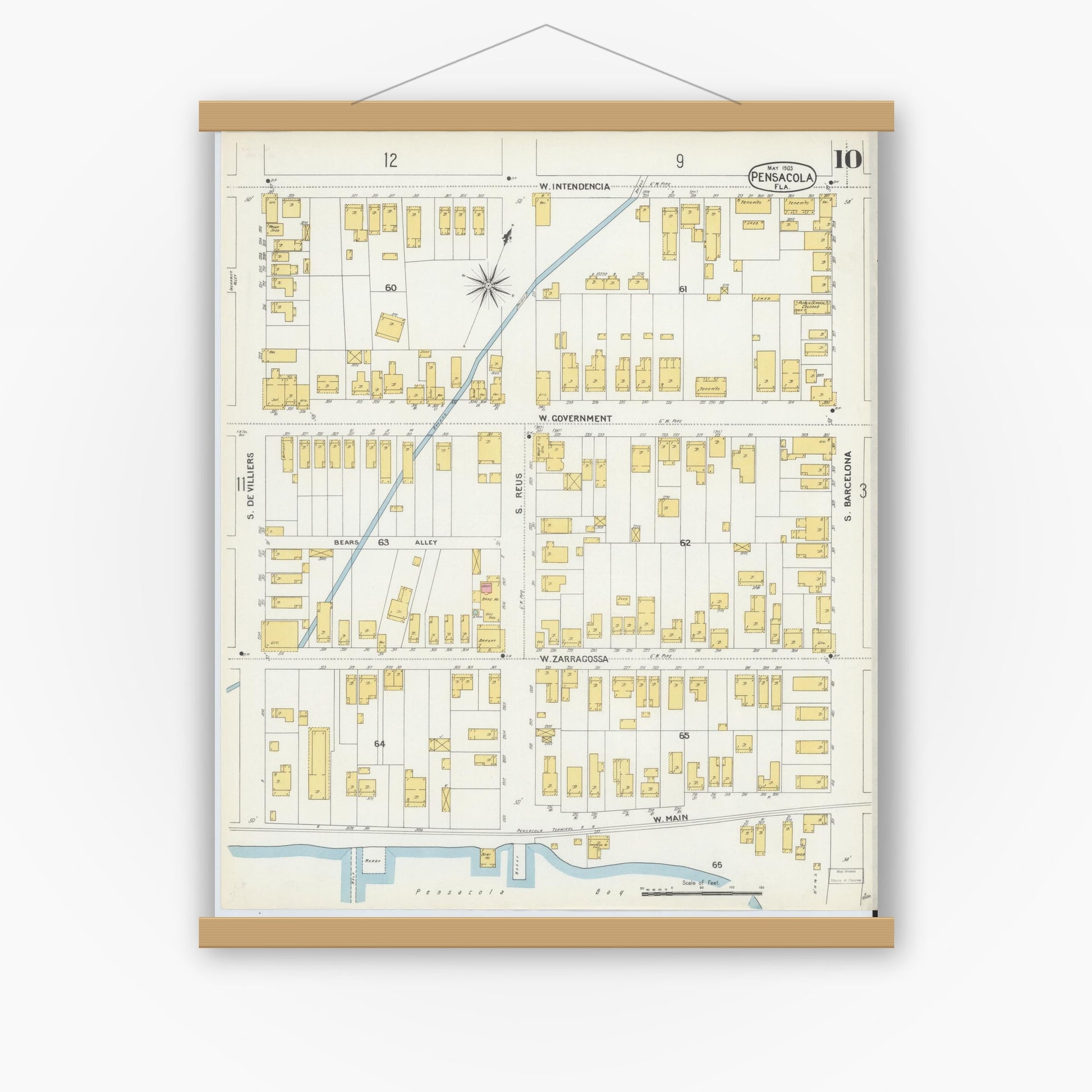 Old map wall art mockup — magnetic wood frame on white wall — Sanborn Fire Insurance Map from Pensacola, Escambia County, Florida (1903), Sheet #0010