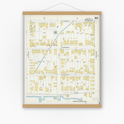Old map wall art mockup — magnetic wood frame on white wall — Sanborn Fire Insurance Map from Pensacola, Escambia County, Florida (1903), Sheet #0010