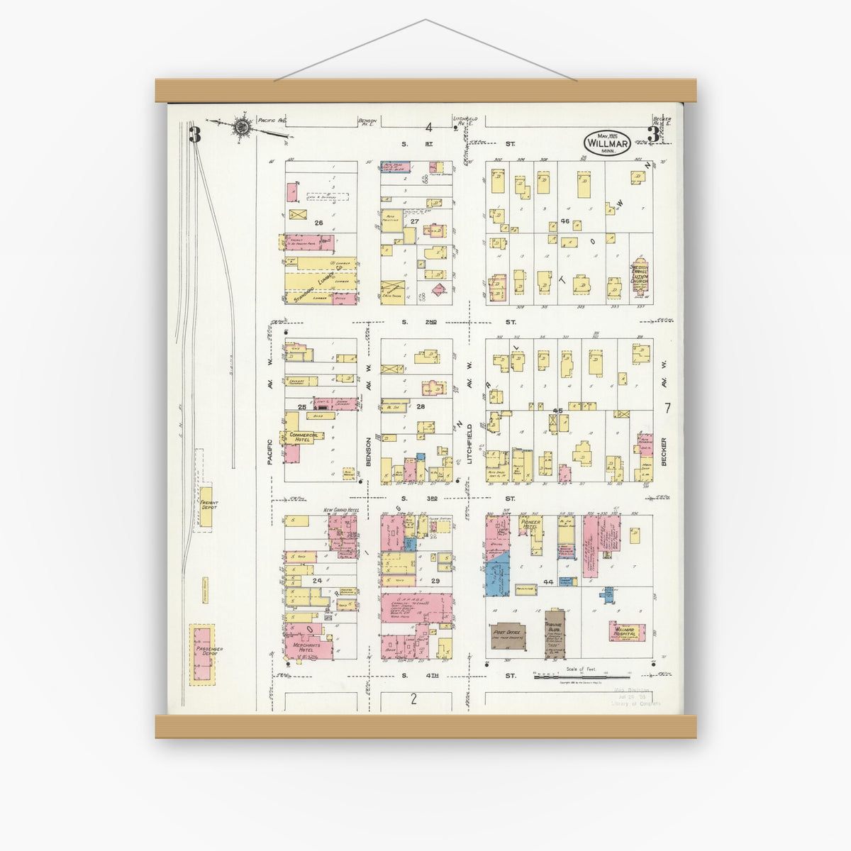 Old map wall art mockup — magnetic wood frame on white wall — Sanborn Fire Insurance Map from Willmar, Kandiyohi County, Minnesota (1925), Sheet #0003