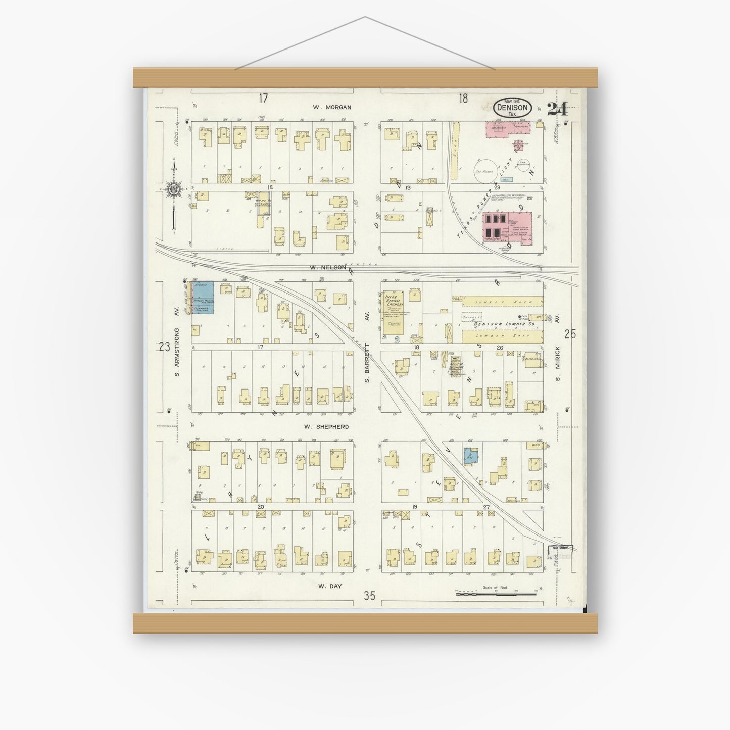 Old map wall art mockup — magnetic wood frame on white wall — Sanborn Fire Insurance Map from Denison, Grayson County, Texas (1914), Sheet #0024