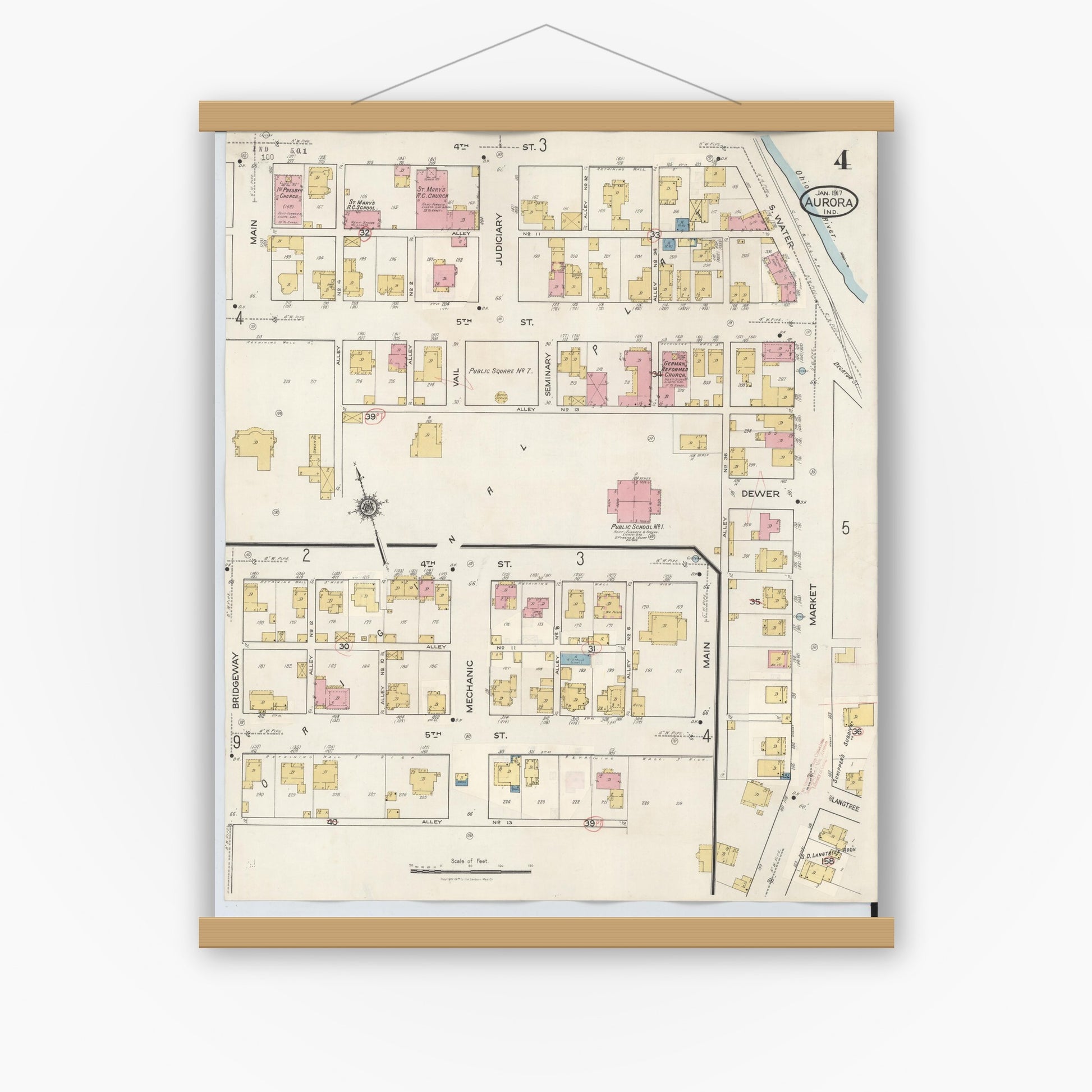 Old map wall art mockup — magnetic wood frame on white wall — Sanborn Fire Insurance Map from Aurora, Dearborn County, Indiana (1935), Sheet #0004