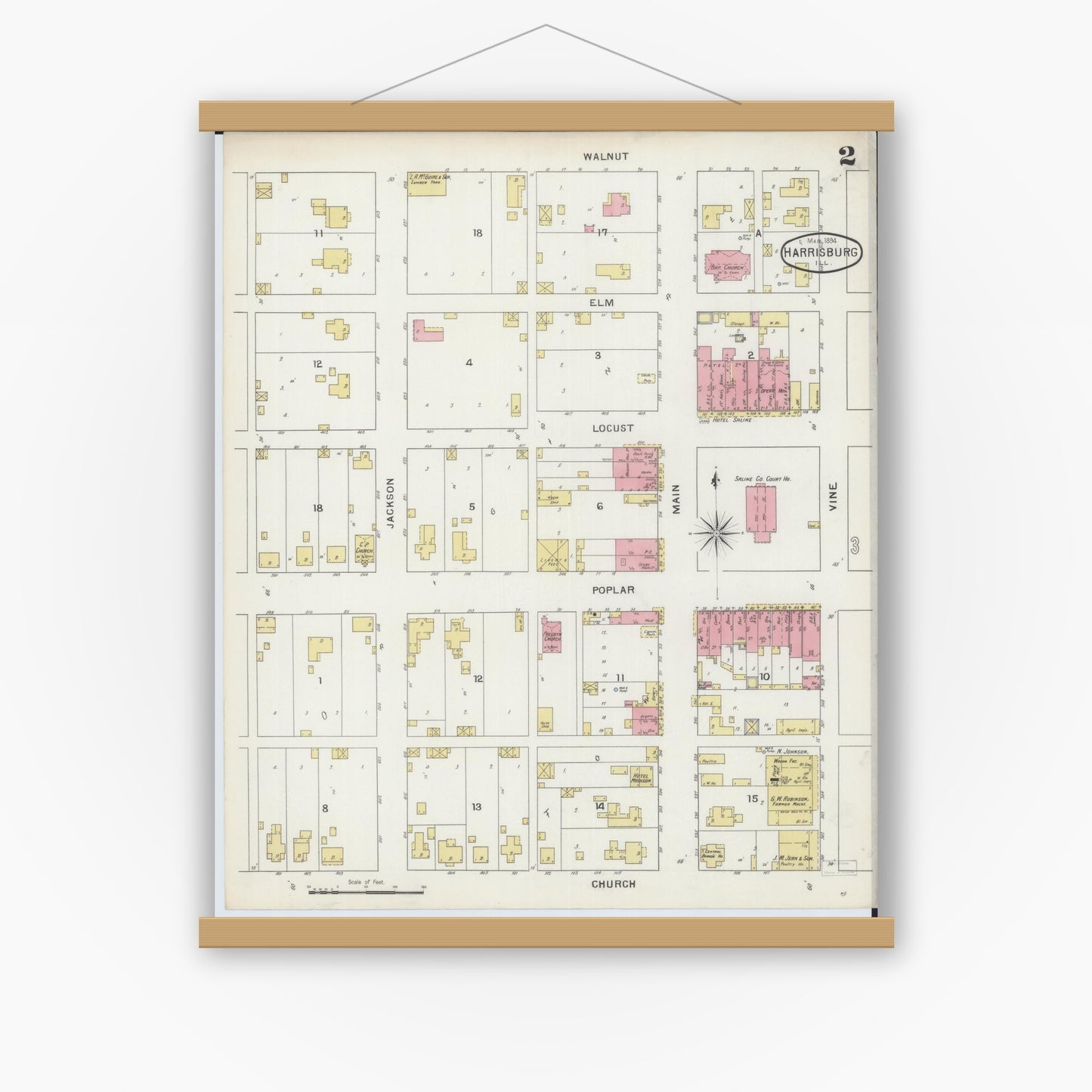 Old map wall art mockup — magnetic wood frame on white wall — Sanborn Fire Insurance Map from Harrisburg, Saline County, Illinois (1894), Sheet #0002