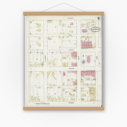 Old map wall art mockup — magnetic wood frame on white wall — Sanborn Fire Insurance Map from Harrisburg, Saline County, Illinois (1894), Sheet #0002