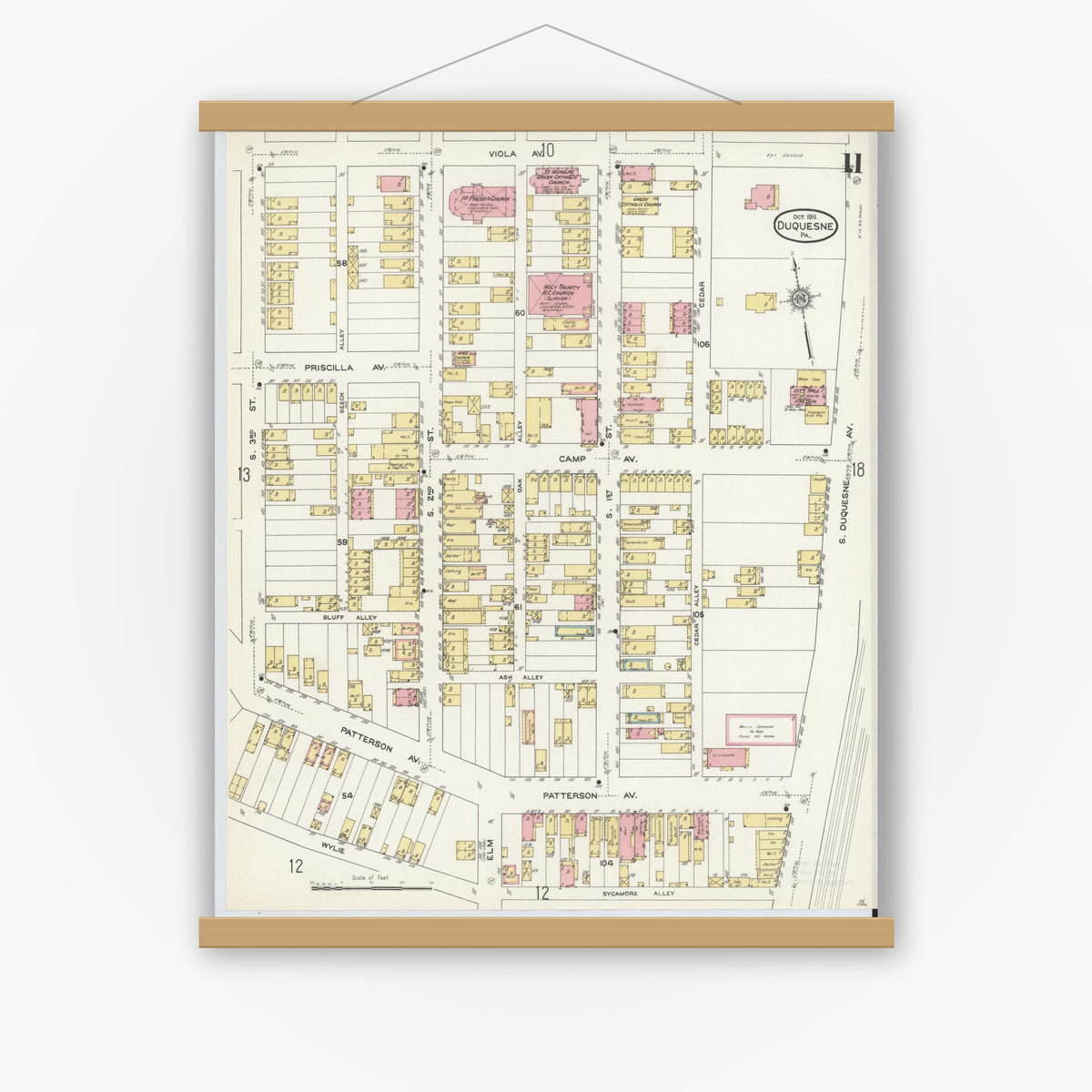 Old map wall art mockup — magnetic wood frame on white wall — Sanborn Fire Insurance Map from Duquesne, Allegheny County, Pennsylvania (1911), Sheet #0011