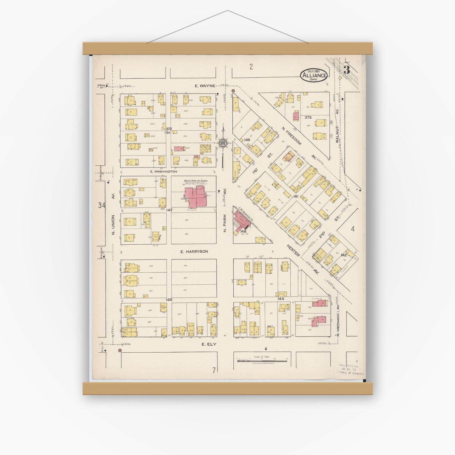 Old map wall art mockup — magnetic wood frame on white wall — Sanborn Fire Insurance Map from Alliance, Stark County, Ohio (1921), Sheet #0003