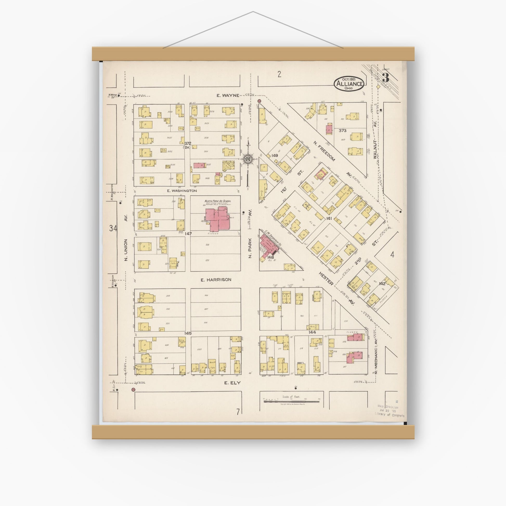 Old map wall art mockup — magnetic wood frame on white wall — Sanborn Fire Insurance Map from Alliance, Stark County, Ohio (1921), Sheet #0003