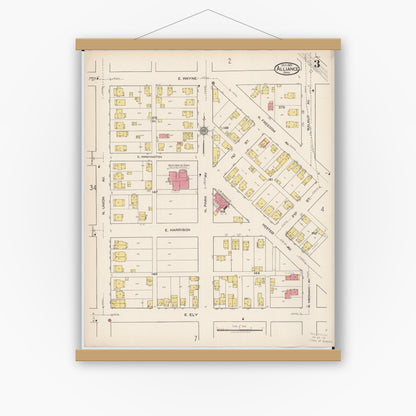 Old map wall art mockup — magnetic wood frame on white wall — Sanborn Fire Insurance Map from Alliance, Stark County, Ohio (1921), Sheet #0003