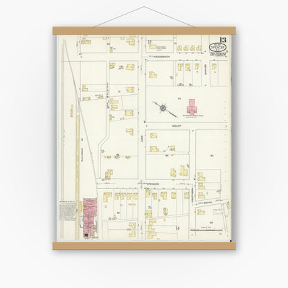 Old map wall art mockup — magnetic wood frame on white wall — Sanborn Fire Insurance Map from Spencer, Rowan County, North Carolina (1913), Sheet #0013
