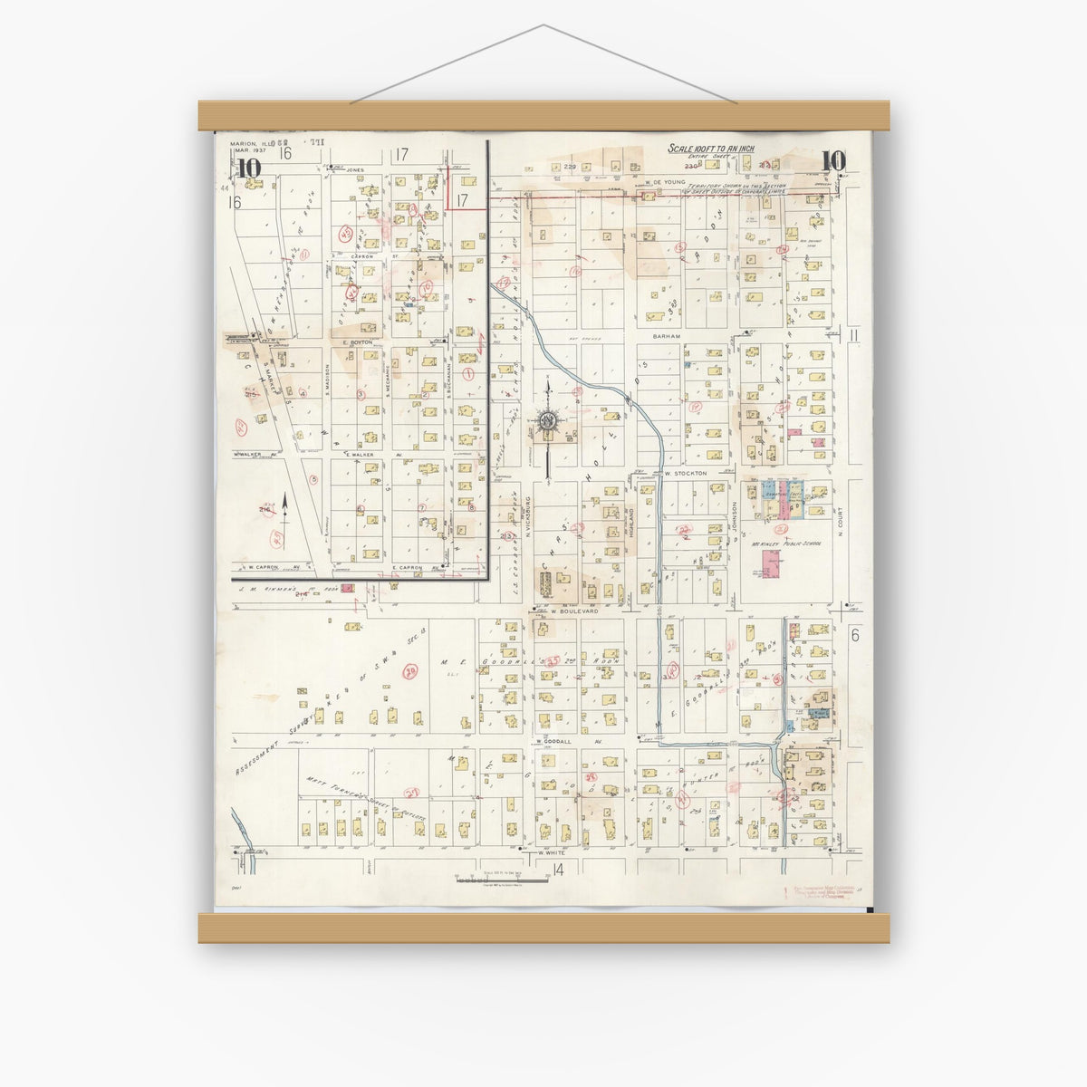 Old map wall art mockup — magnetic wood frame on white wall — Sanborn Fire Insurance Map from Marion, Williamson County, Illinois (1946), Sheet #0010