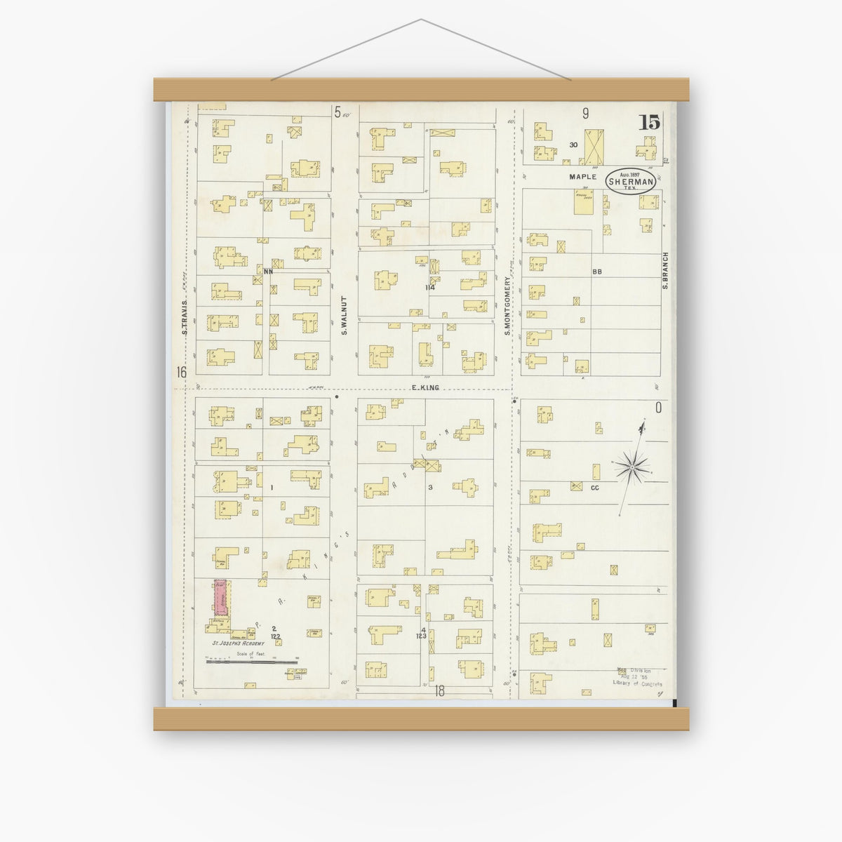 Old map wall art mockup — magnetic wood frame on white wall — Sanborn Fire Insurance Map from Sherman, Grayson County, Texas (1897), Sheet #0015