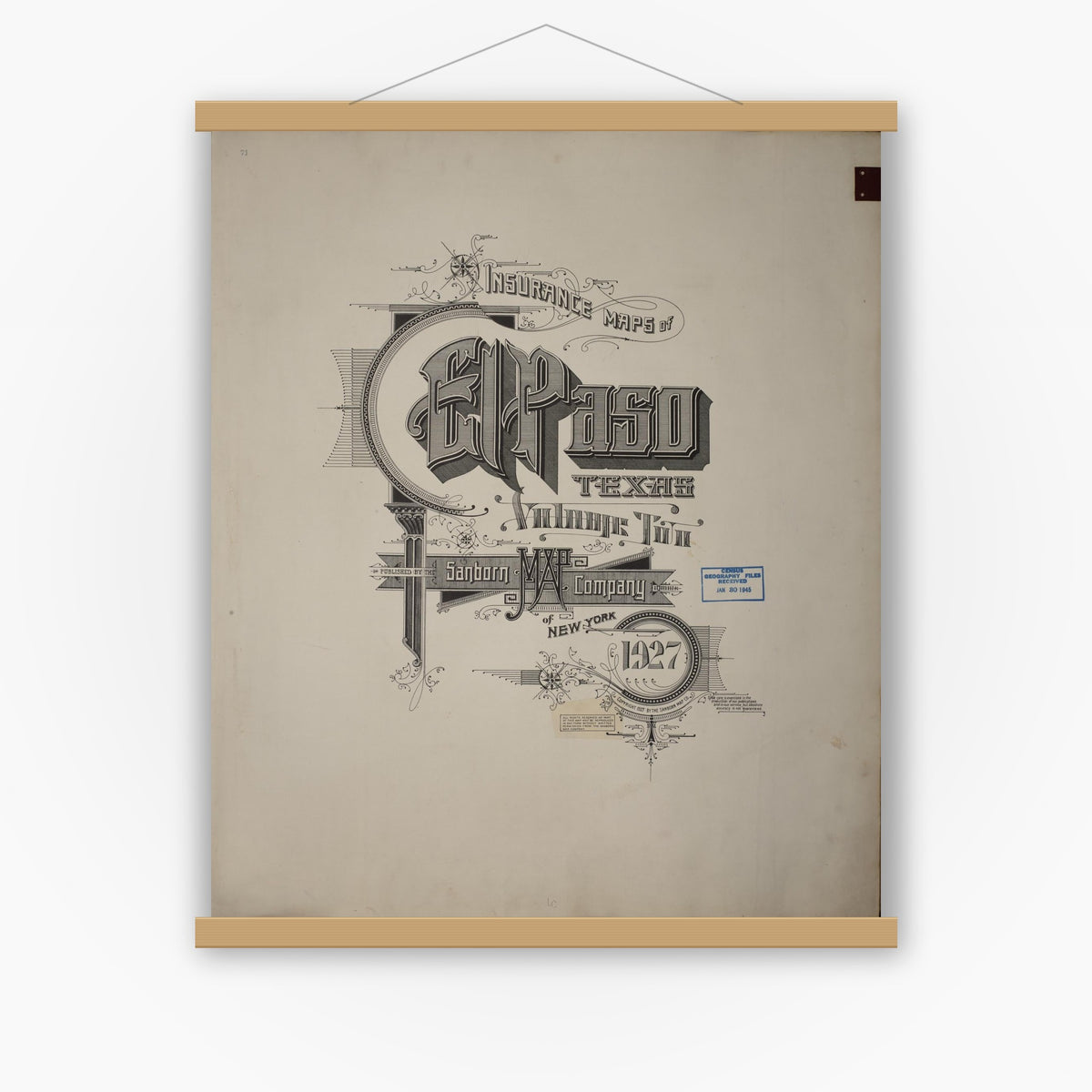 Old map wall art mockup — magnetic wood frame on white wall — Sanborn Fire Insurance Map from El Paso, El Paso County, Texas (1950), Sheet #0001