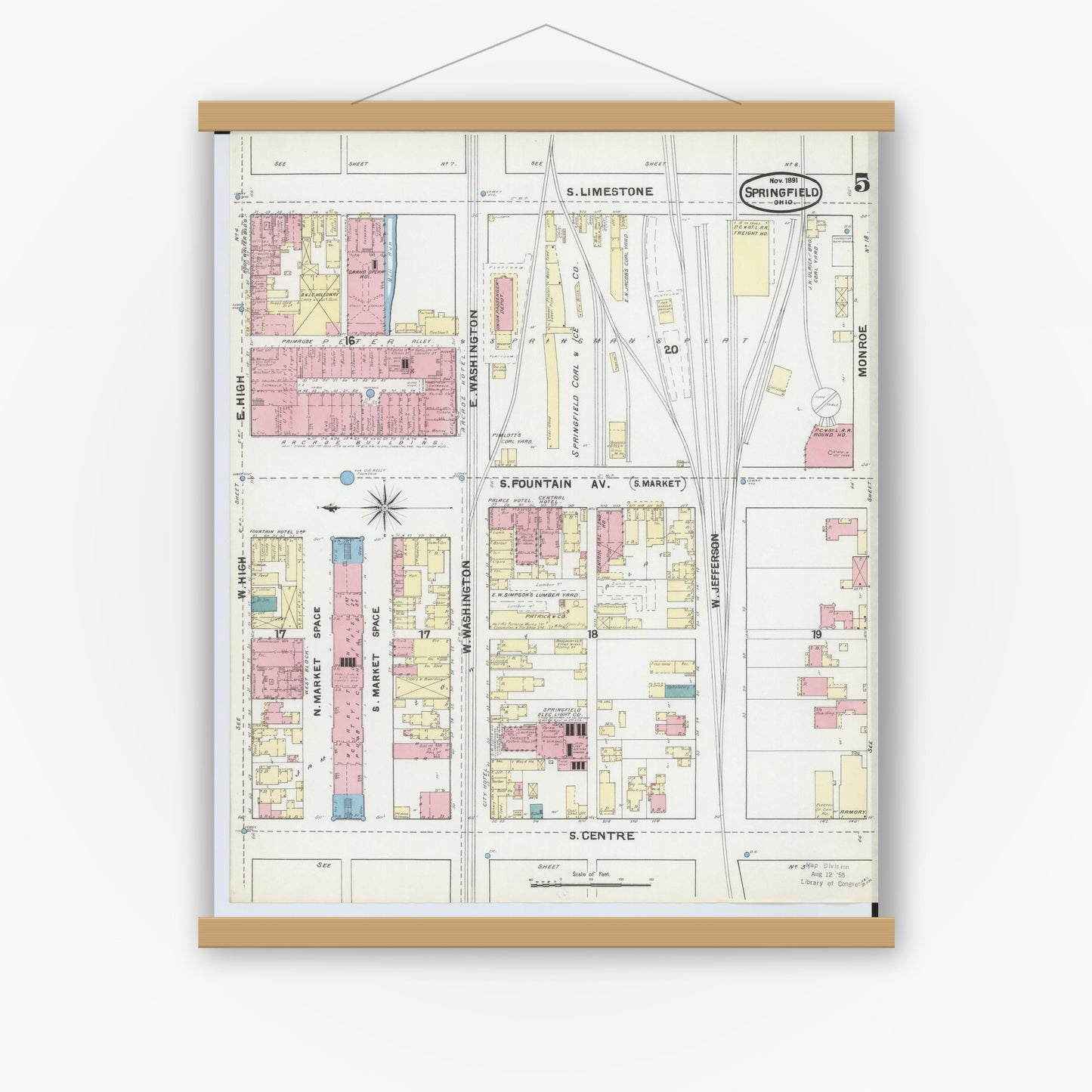 Old map wall art mockup — magnetic wood frame on white wall — Sanborn Fire Insurance Map from Springfield, Clark County, Ohio (1891), Sheet #0005