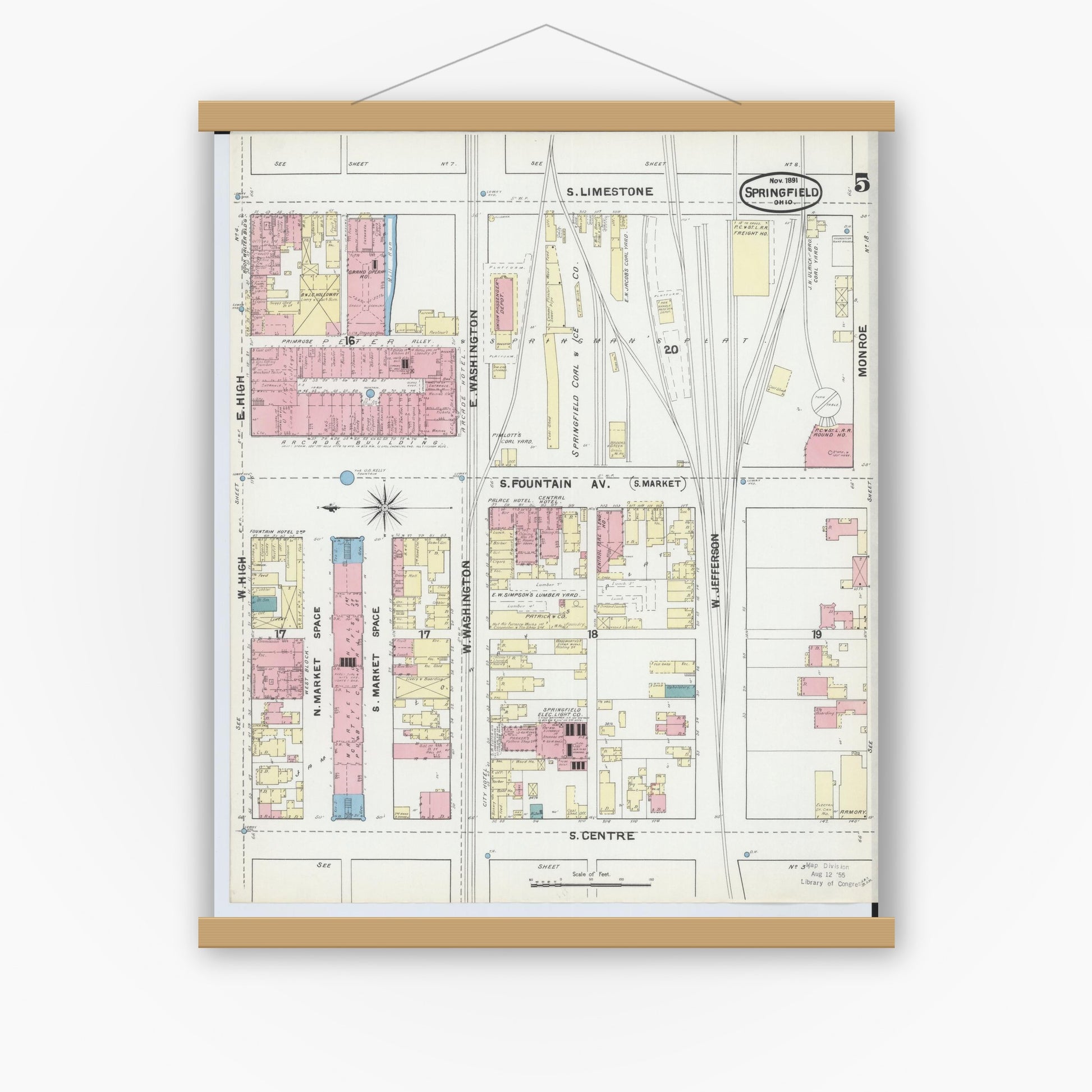 Old map wall art mockup — magnetic wood frame on white wall — Sanborn Fire Insurance Map from Springfield, Clark County, Ohio (1891), Sheet #0005