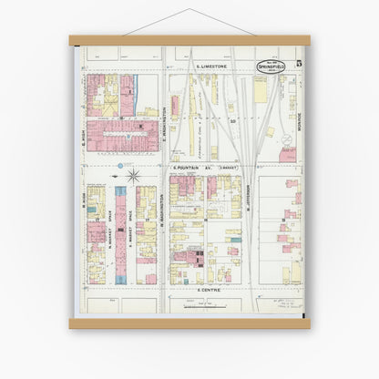 Old map wall art mockup — magnetic wood frame on white wall — Sanborn Fire Insurance Map from Springfield, Clark County, Ohio (1891), Sheet #0005