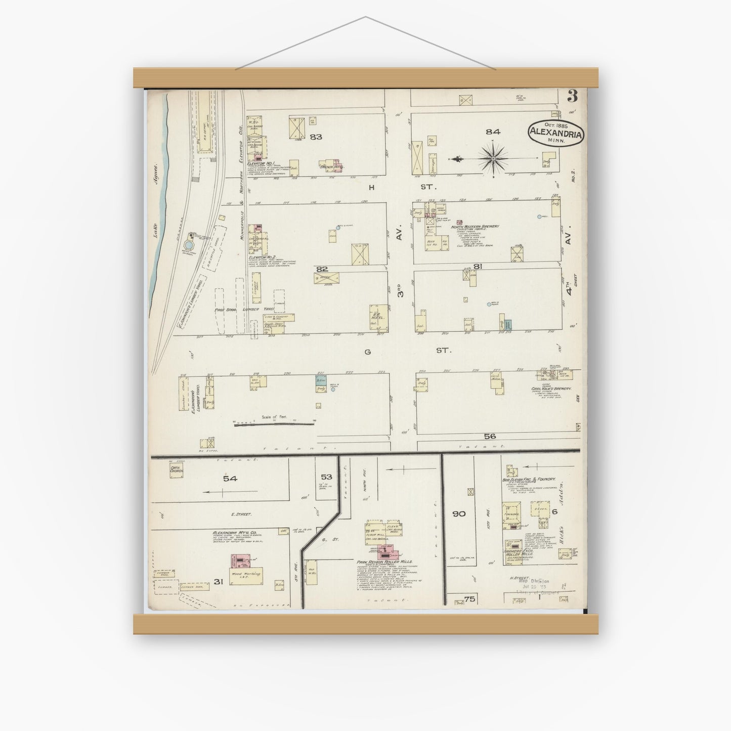 Old map wall art mockup — magnetic wood frame on white wall — Sanborn Fire Insurance Map from Alexandria, Douglas County, Minnesota (1885), Sheet #0003