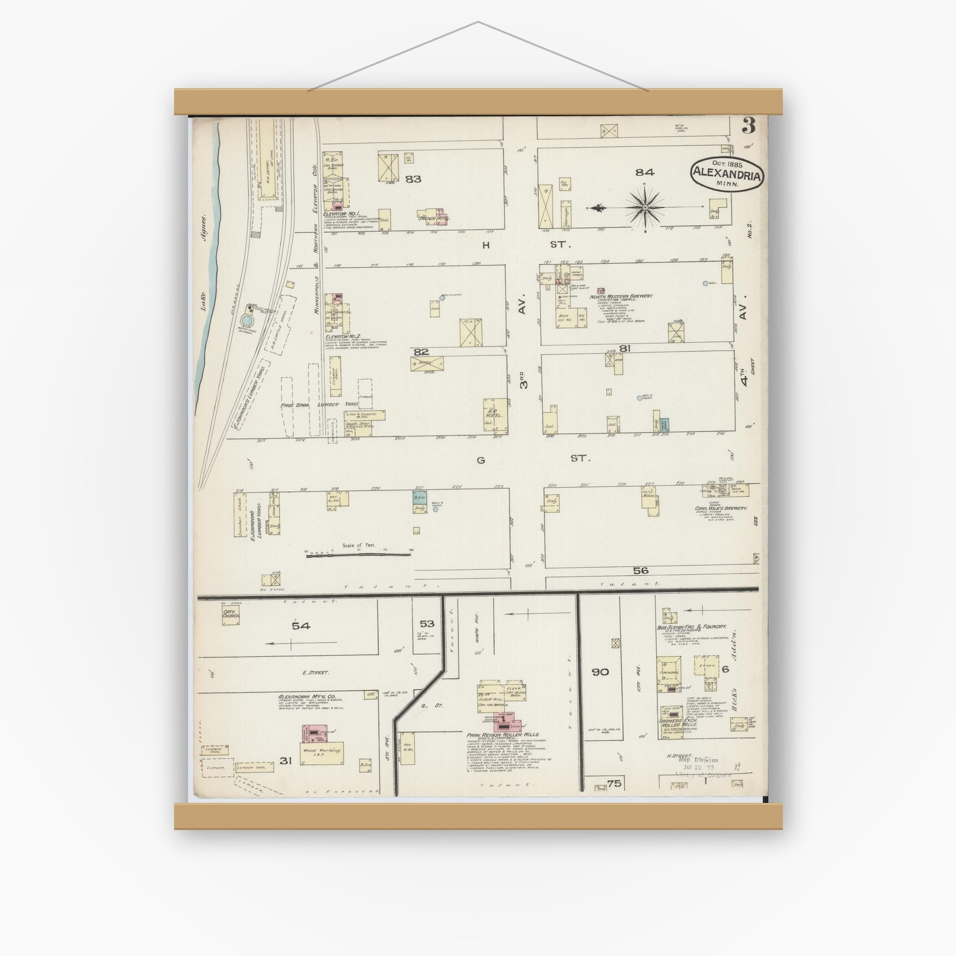 Old map wall art mockup — magnetic wood frame on white wall — Sanborn Fire Insurance Map from Alexandria, Douglas County, Minnesota (1885), Sheet #0003