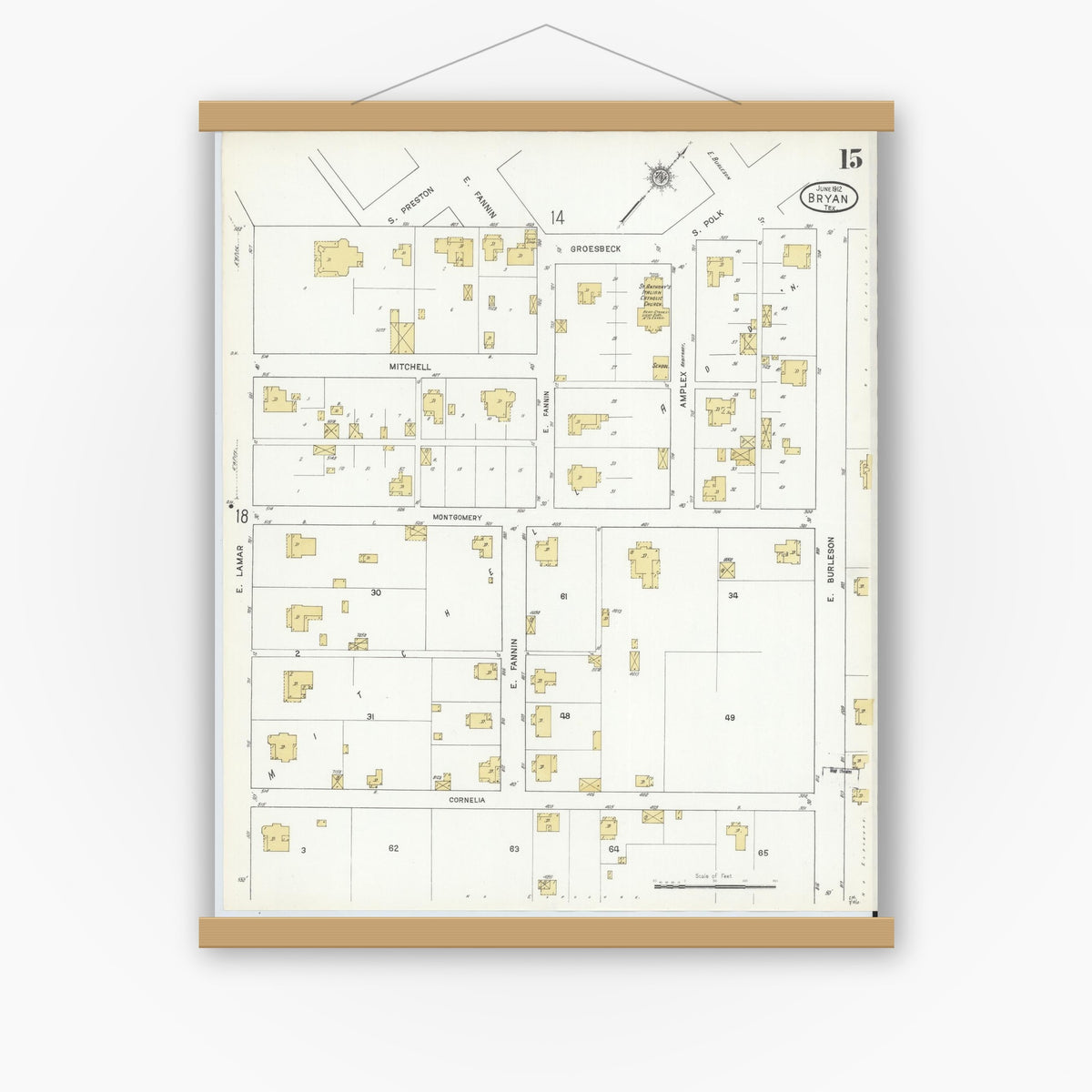 Old map wall art mockup — magnetic wood frame on white wall — Sanborn Fire Insurance Map from Bryan, Brazos County, Texas (1912), Sheet #0015