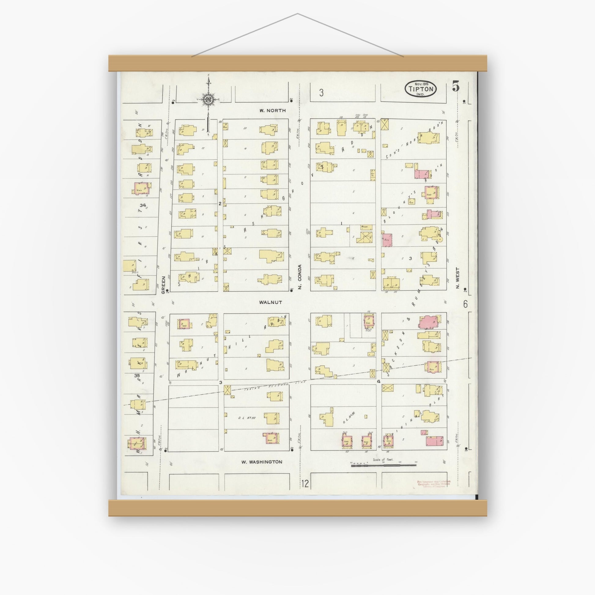 Old map wall art mockup — magnetic wood frame on white wall — Sanborn Fire Insurance Map from Tipton, Tipton County, Indiana (1915), Sheet #0005