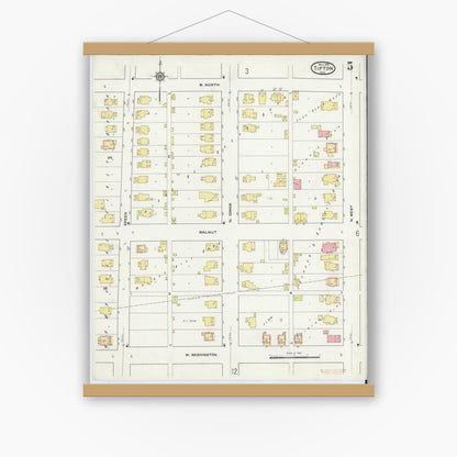 Old map wall art mockup — magnetic wood frame on white wall — Sanborn Fire Insurance Map from Tipton, Tipton County, Indiana (1915), Sheet #0005