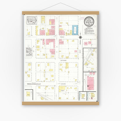 Old map wall art mockup — magnetic wood frame on white wall — Sanborn Fire Insurance Map from Redfield, Dallas County, Iowa (1916), Sheet #0001