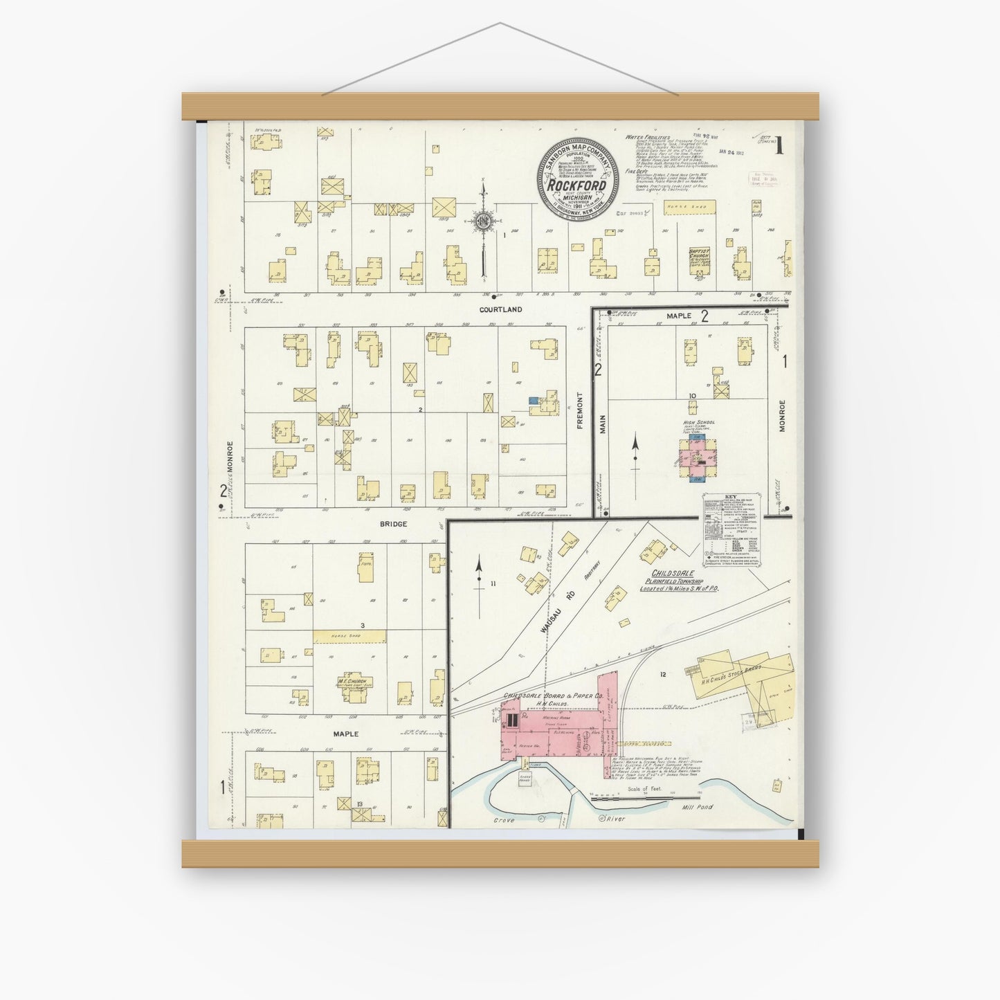 Old map wall art mockup — magnetic wood frame on white wall — Sanborn Fire Insurance Map from Rockford, Kent County, Michigan (1911) - Complete Map Set