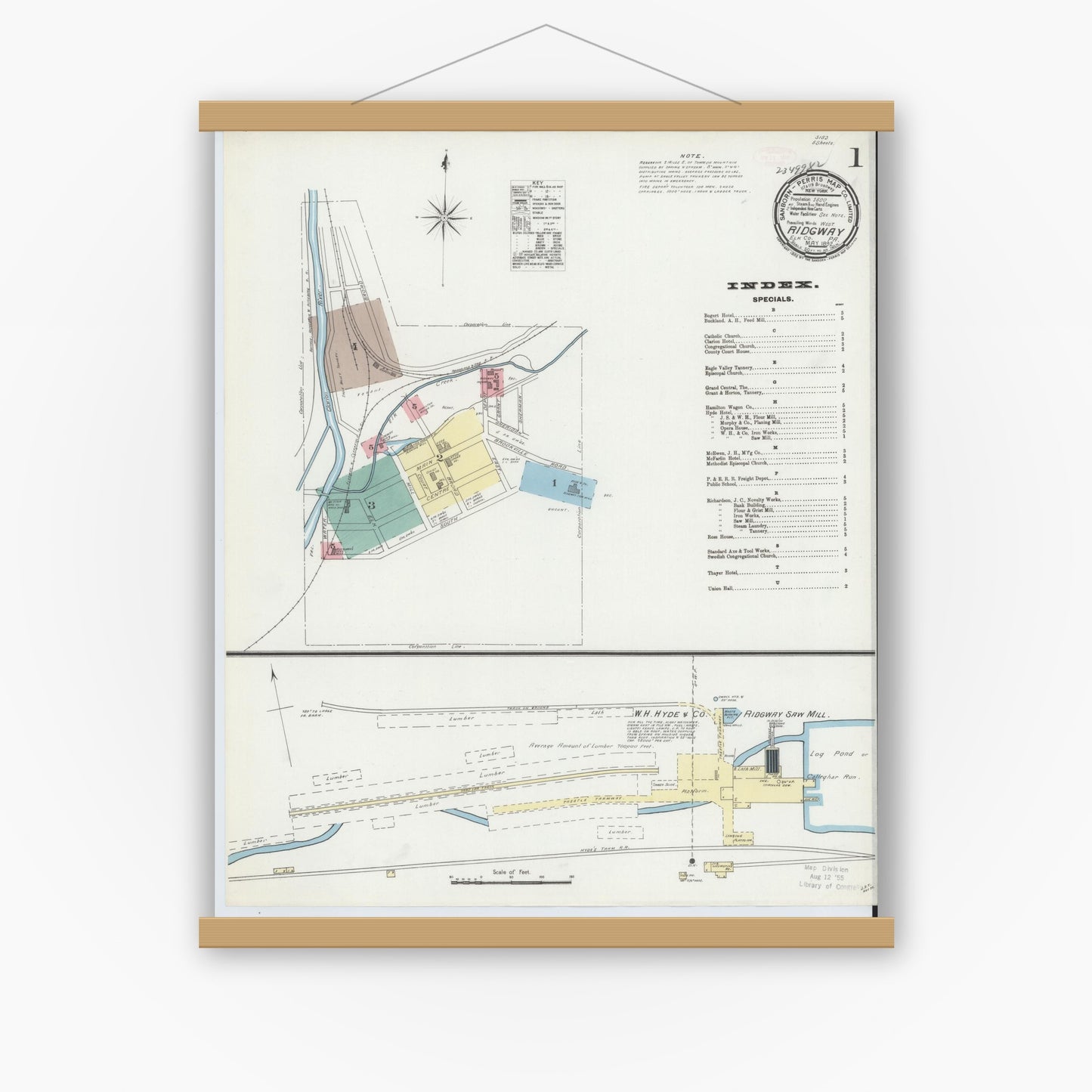Old map wall art mockup — magnetic wood frame on white wall — Sanborn Fire Insurance Map from Ridgway, Elk County, Pennsylvania (1892) - Complete Map Set