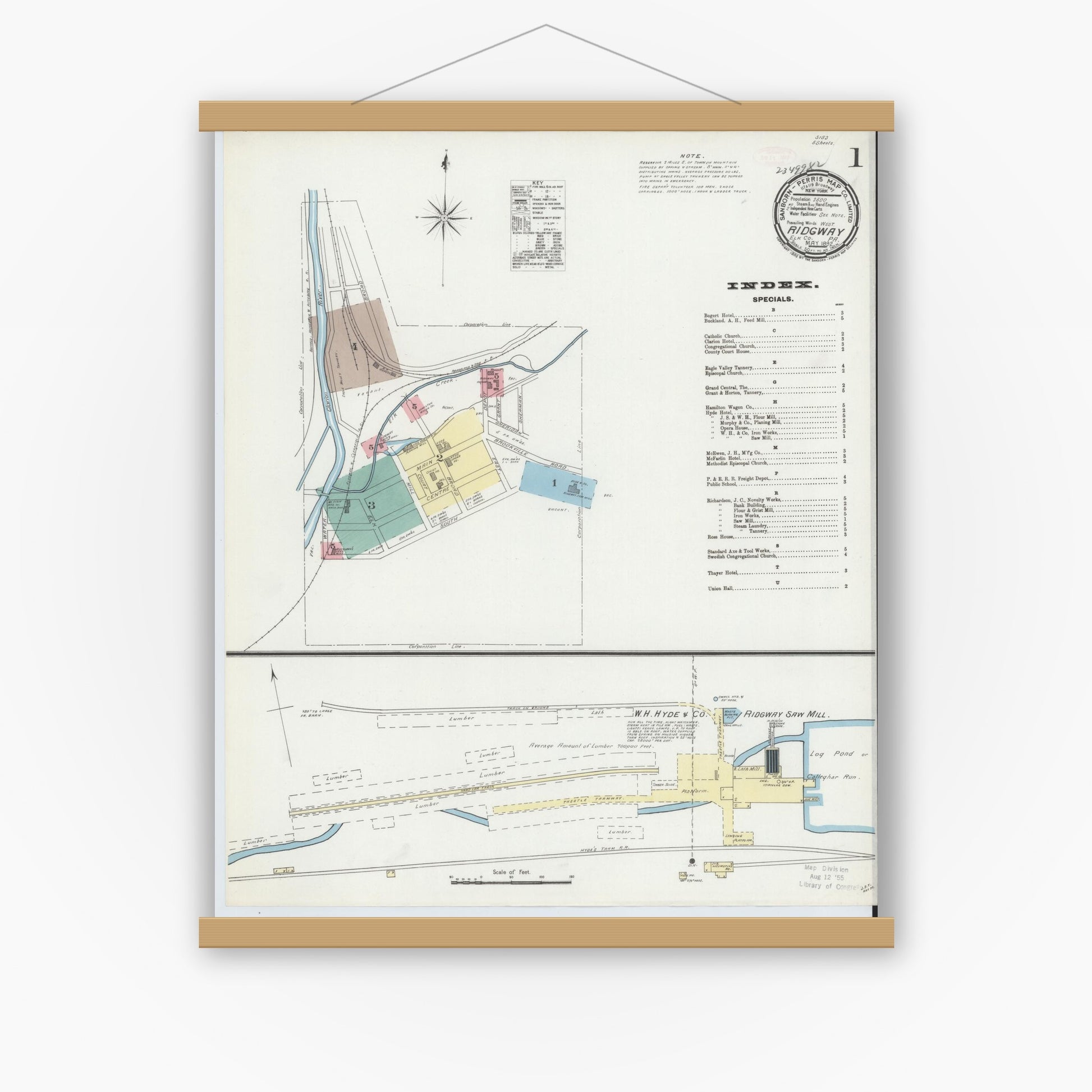 Old map wall art mockup — magnetic wood frame on white wall — Sanborn Fire Insurance Map from Ridgway, Elk County, Pennsylvania (1892) - Complete Map Set