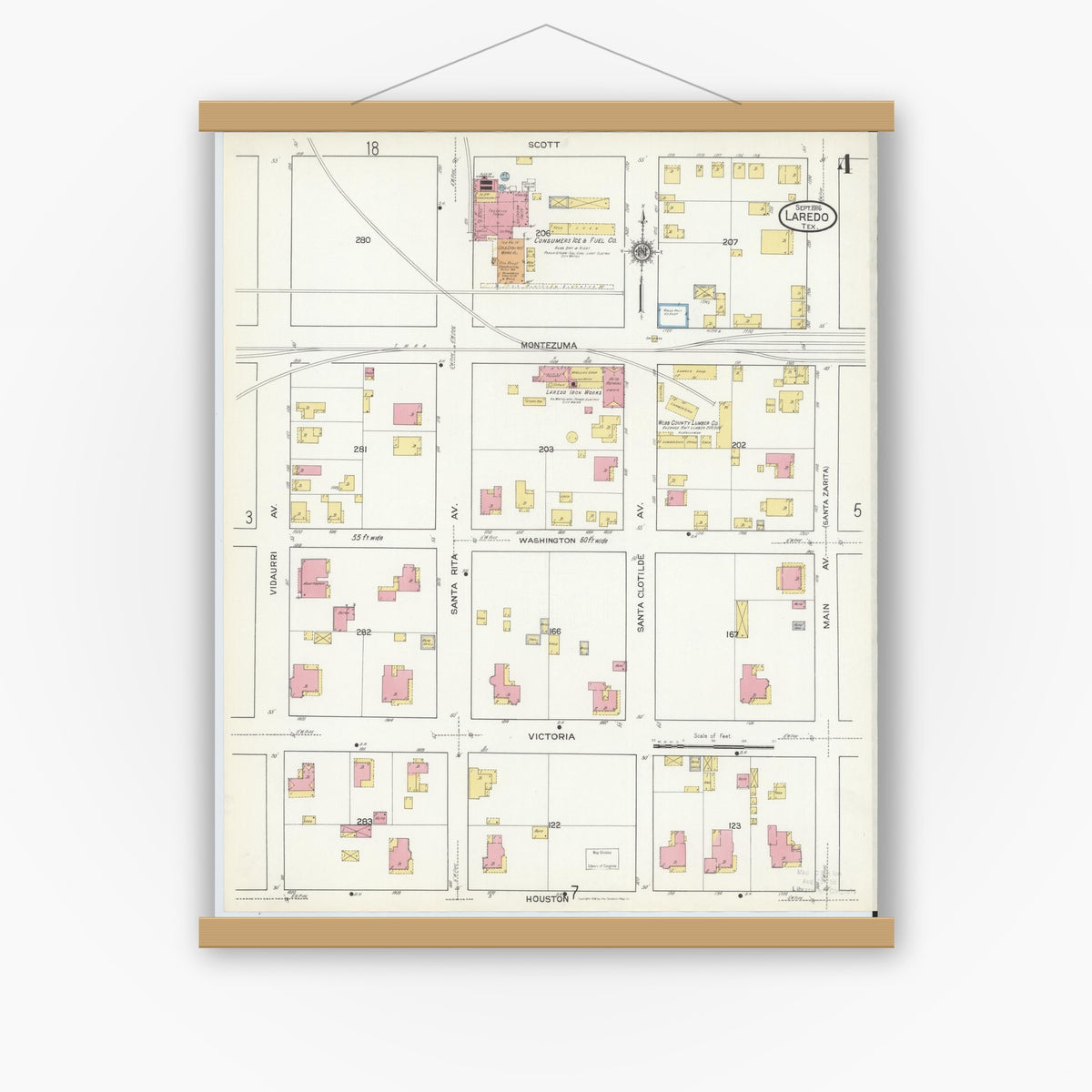 Old map wall art mockup — magnetic wood frame on white wall — Sanborn Fire Insurance Map from Laredo, Webb County, Texas (1916), Sheet #0004